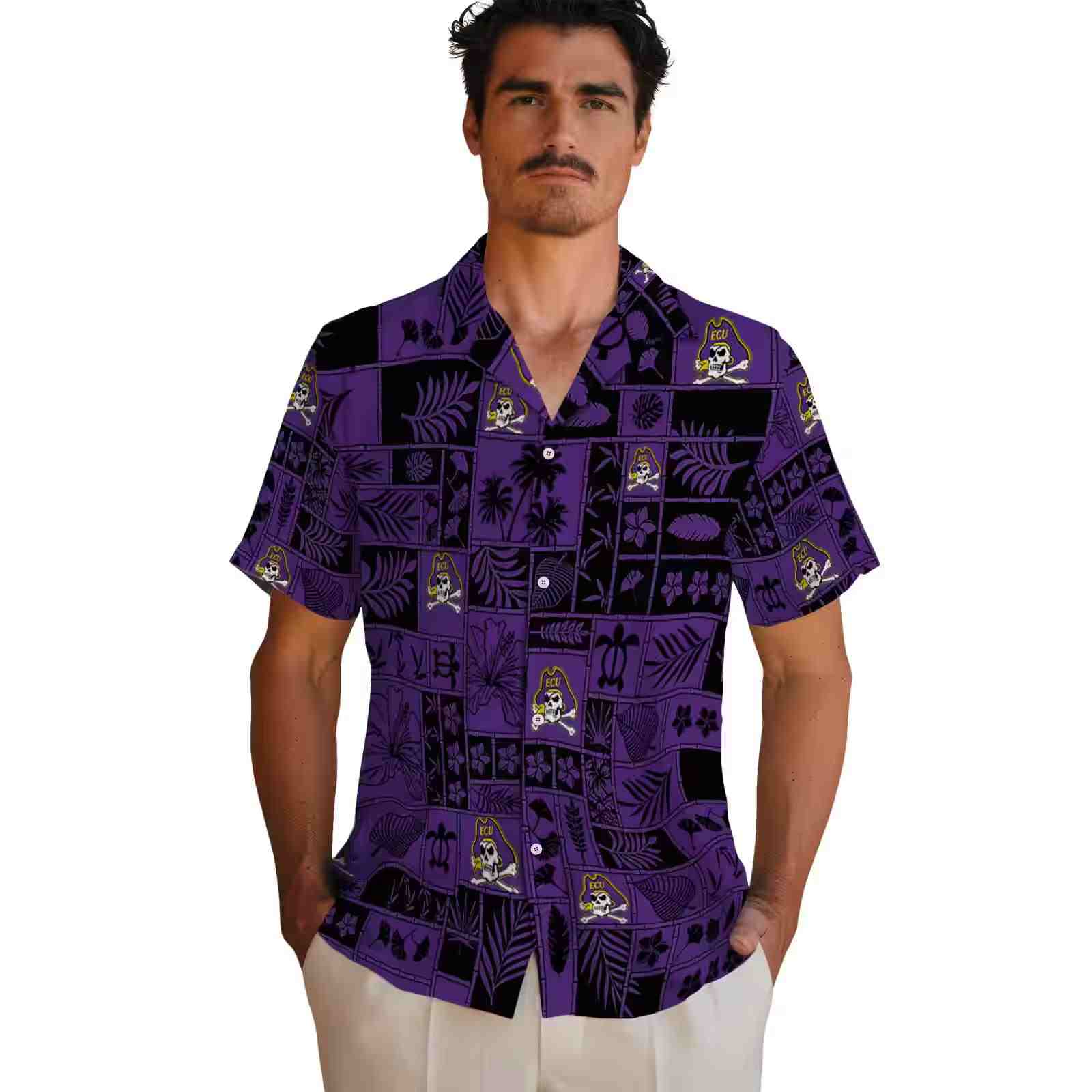 east carolina pirates tropical patchwork purple black hawaiian shirt fashion forward