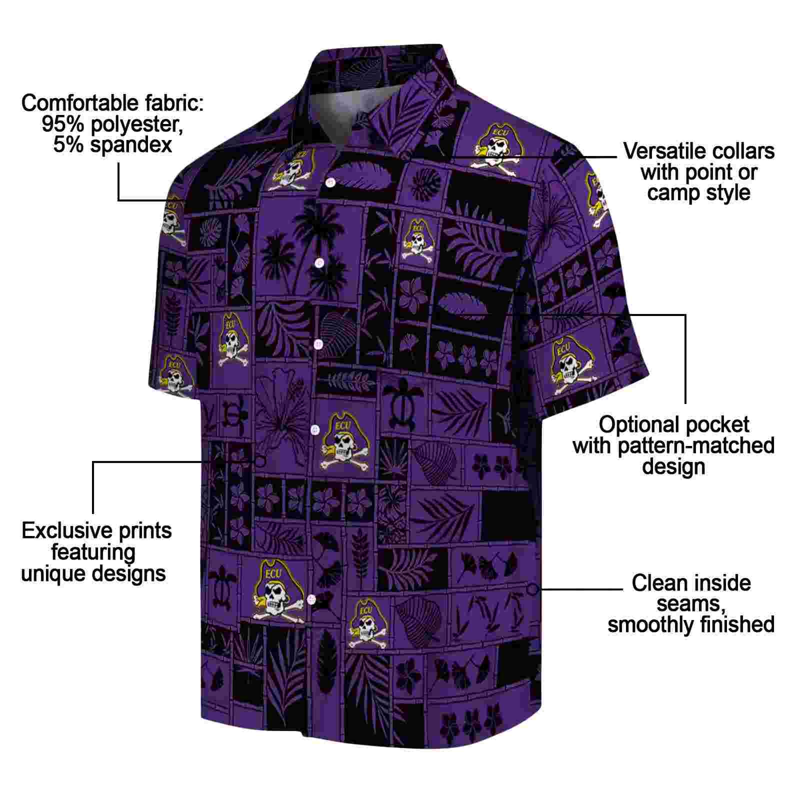 east carolina pirates tropical patchwork purple black hawaiian shirt new arrival