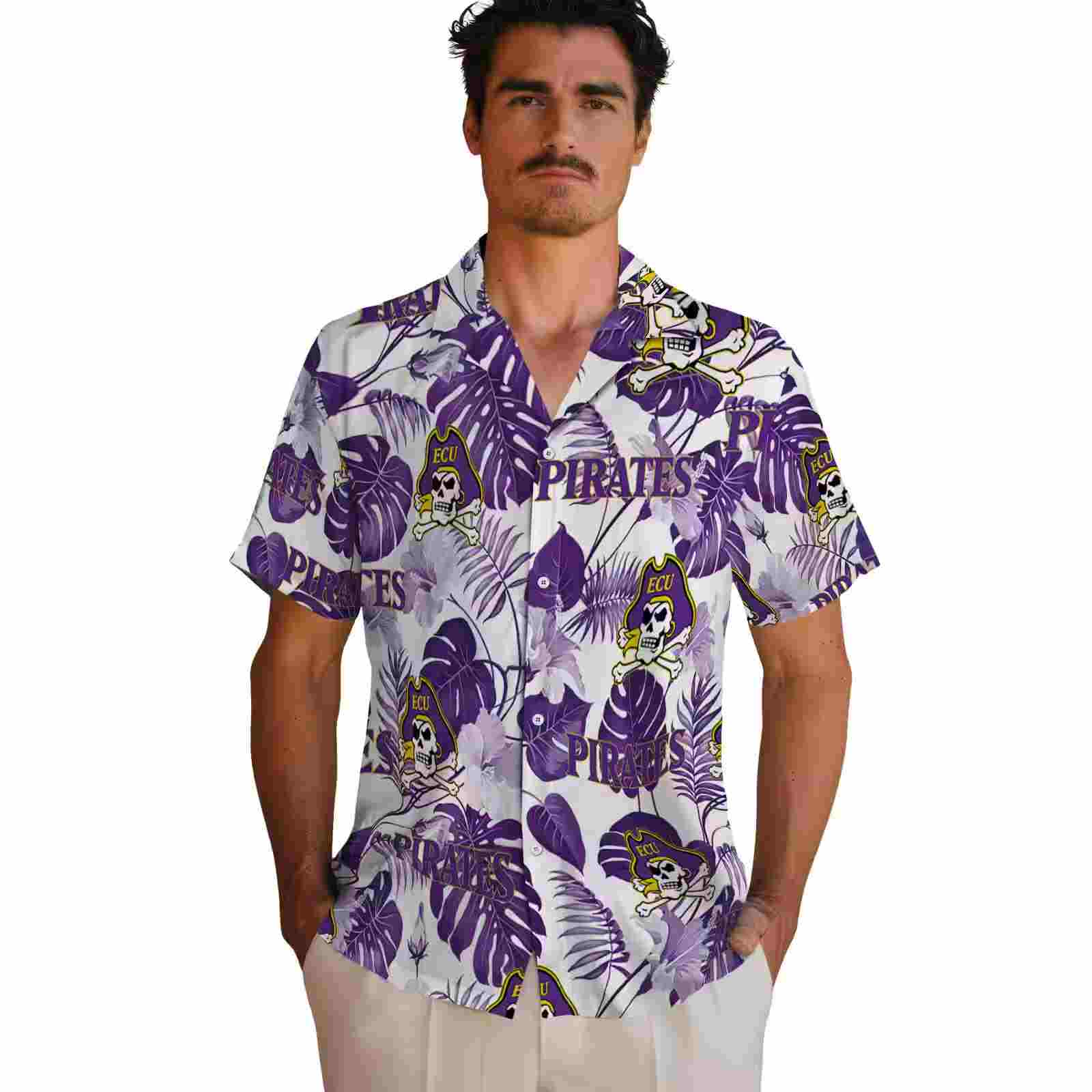 east carolina pirates tropical plants purple white hawaiian shirt fashion forward