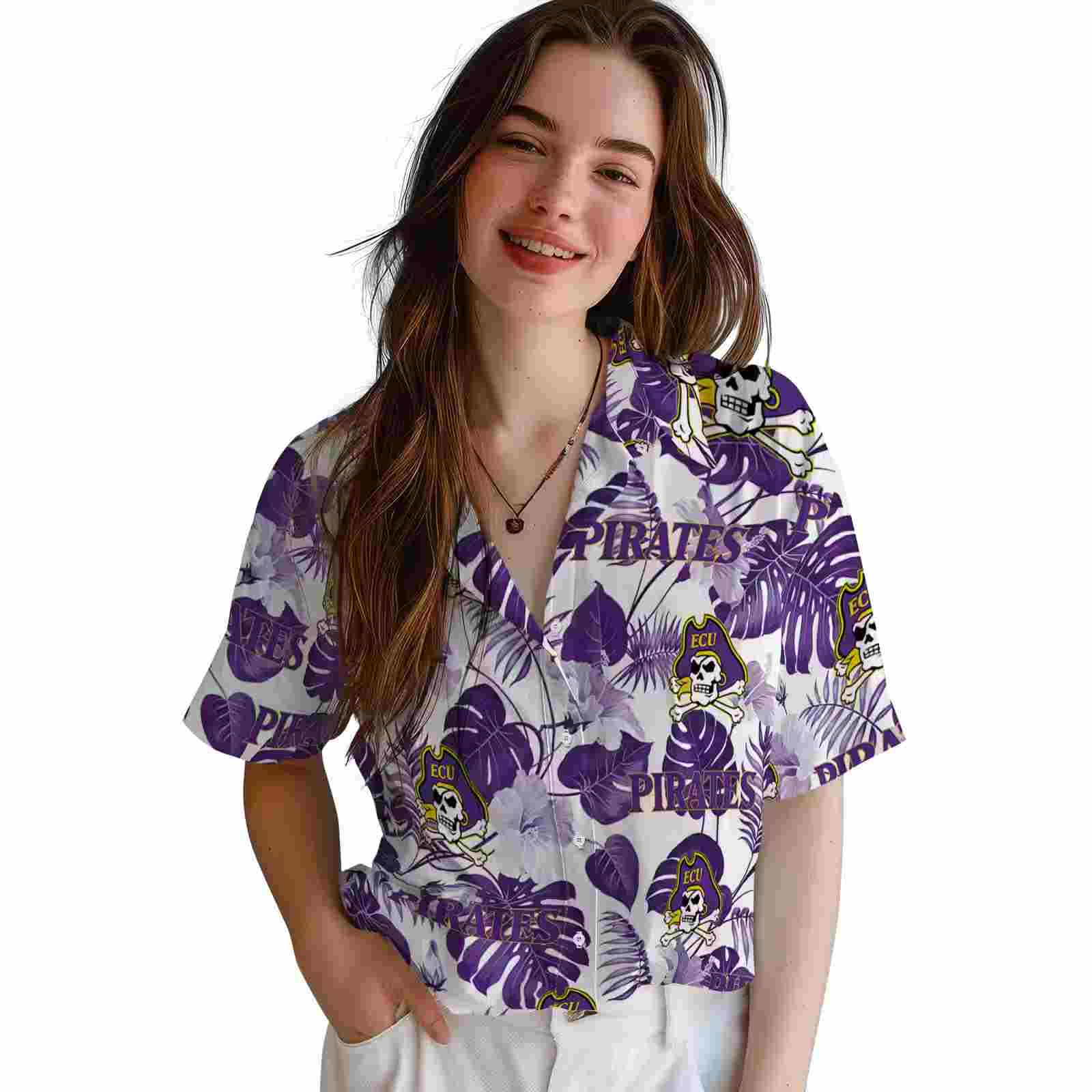 east carolina pirates tropical plants purple white hawaiian shirt latest model