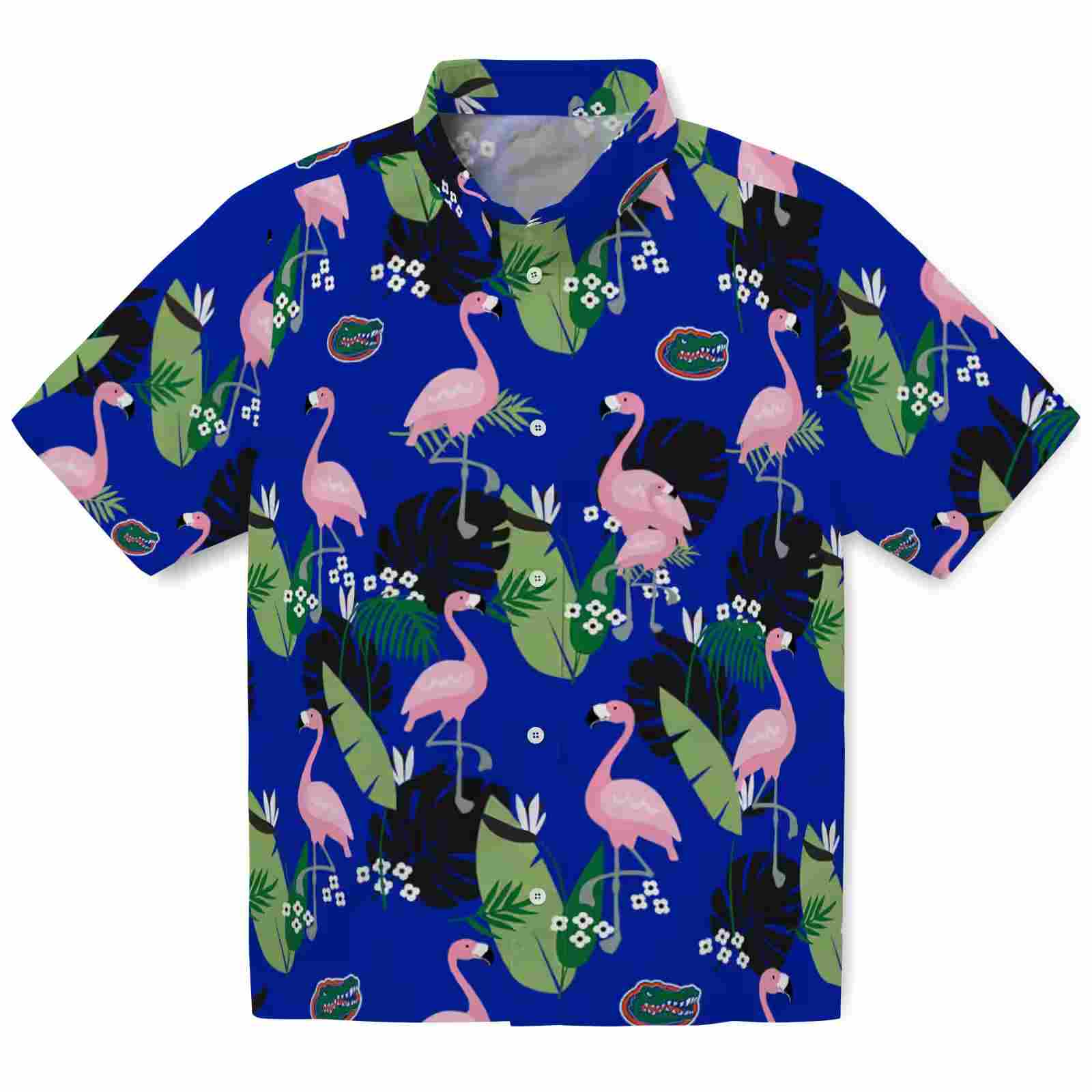 Florida Gators Flamingo Leaf Motif Blue Hawaiian Shirt