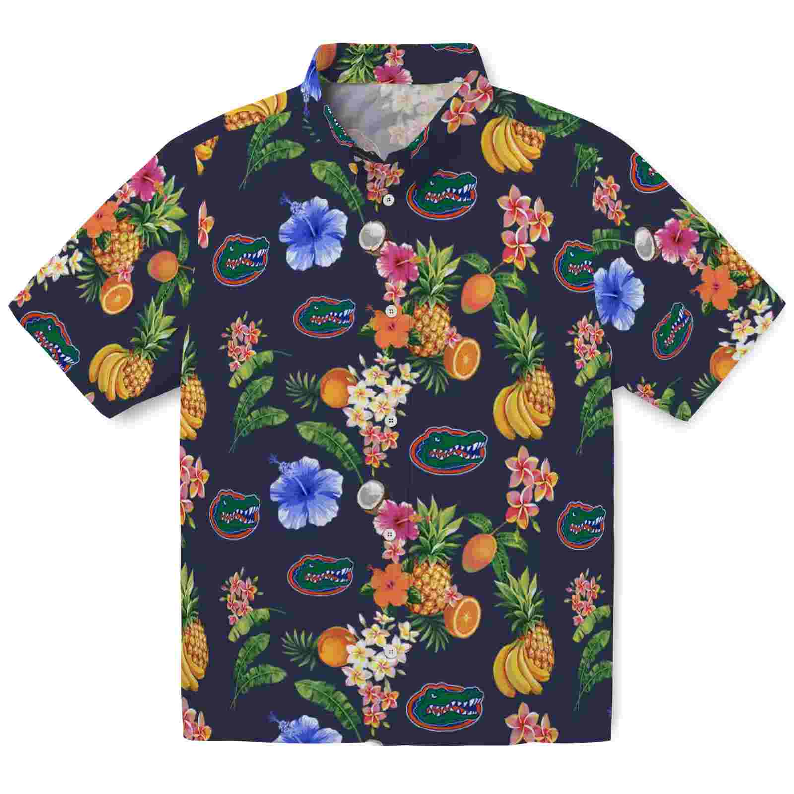 Florida Gators Hibiscus And Fruit Navy Blue Hawaiian Shirt