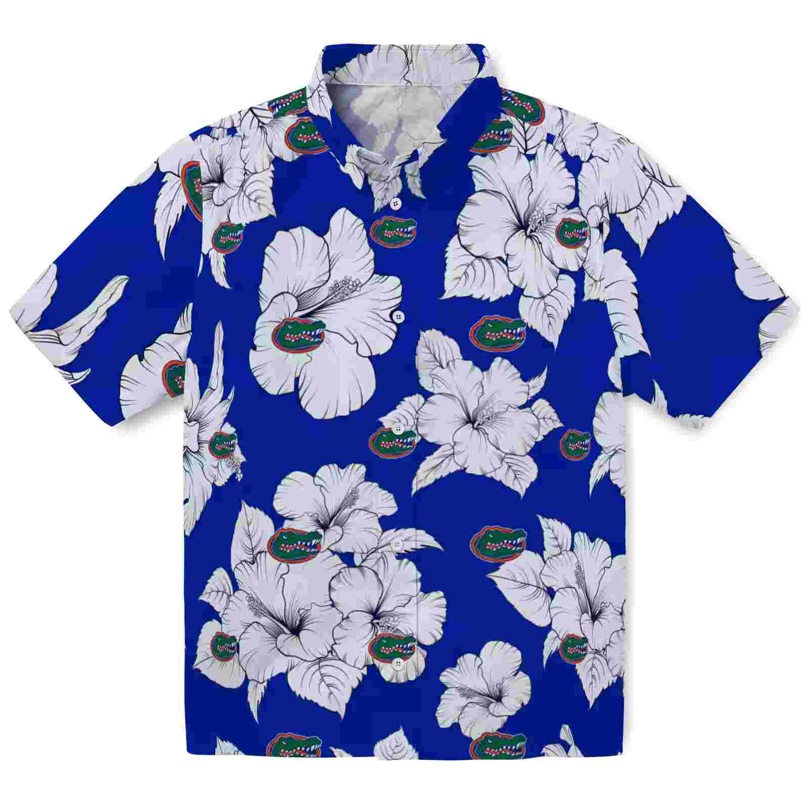 Florida Gators Hibiscus Blooms Blue White Hawaiian Shirt