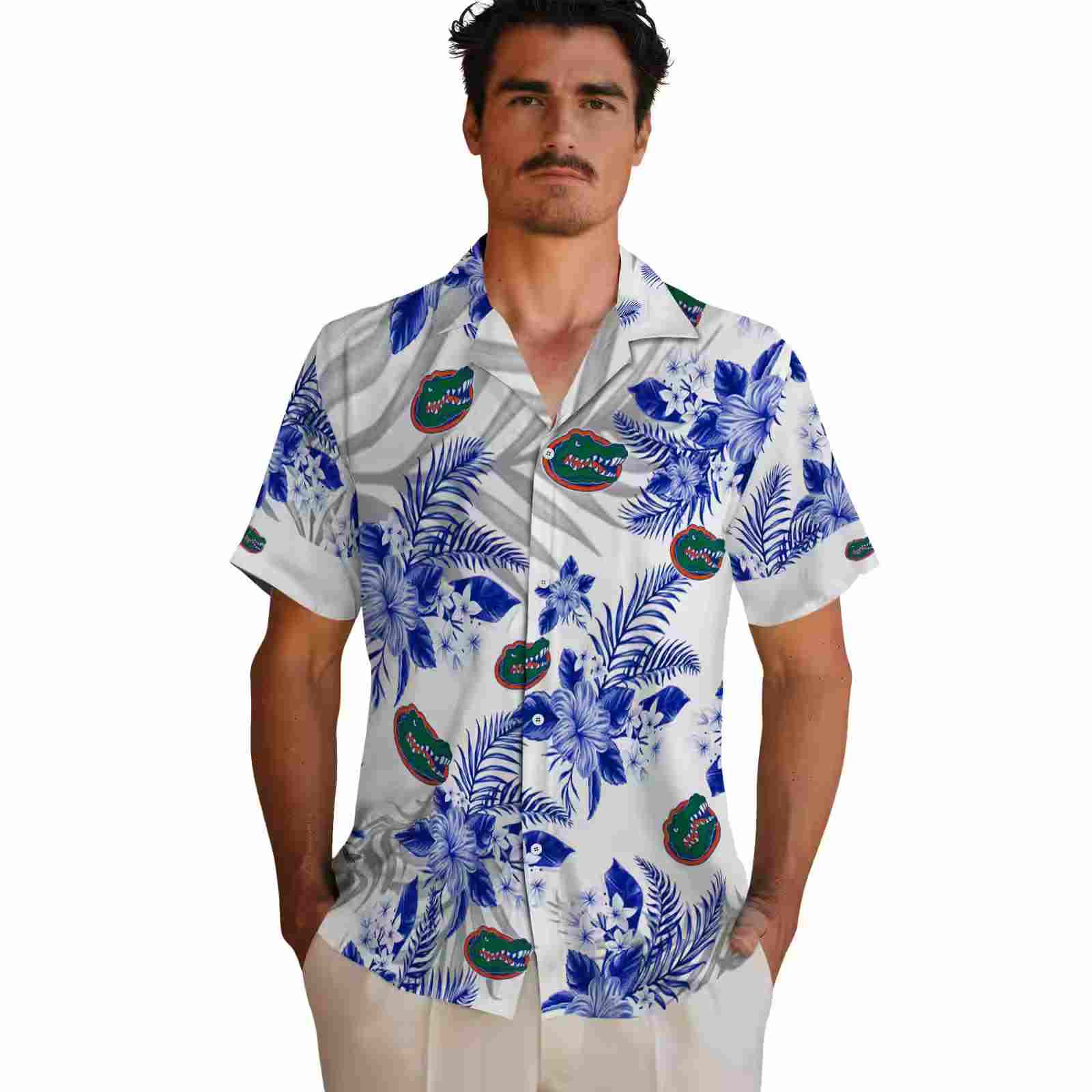 florida gators hibiscus palm leaves blue white hawaiian shirt fashion forward