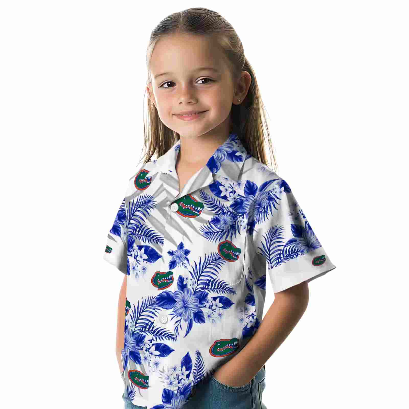 florida gators hibiscus palm leaves blue white hawaiian shirt premium grade