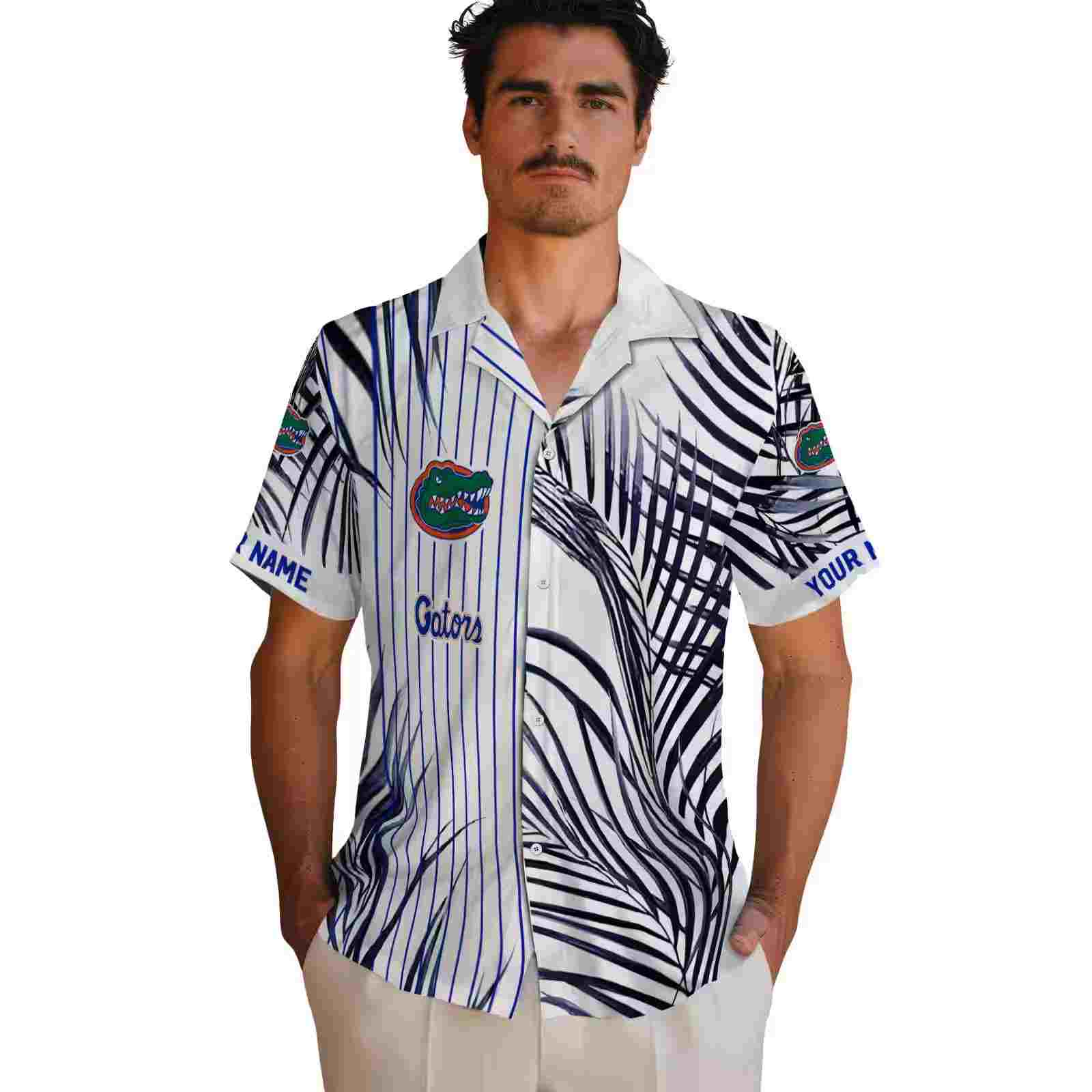 florida gators palm stripes blue black white hawaiian shirt fashion forward