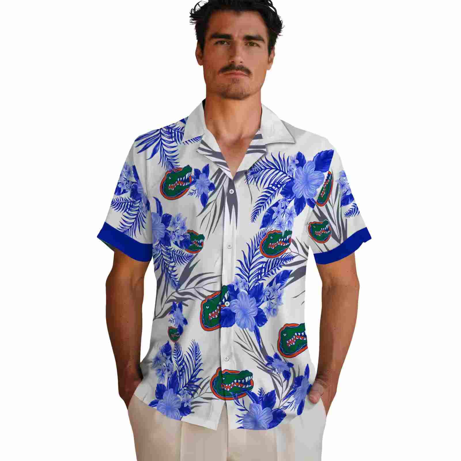 florida gators patriotic hibiscus design blue white hawaiian shirt fashion forward