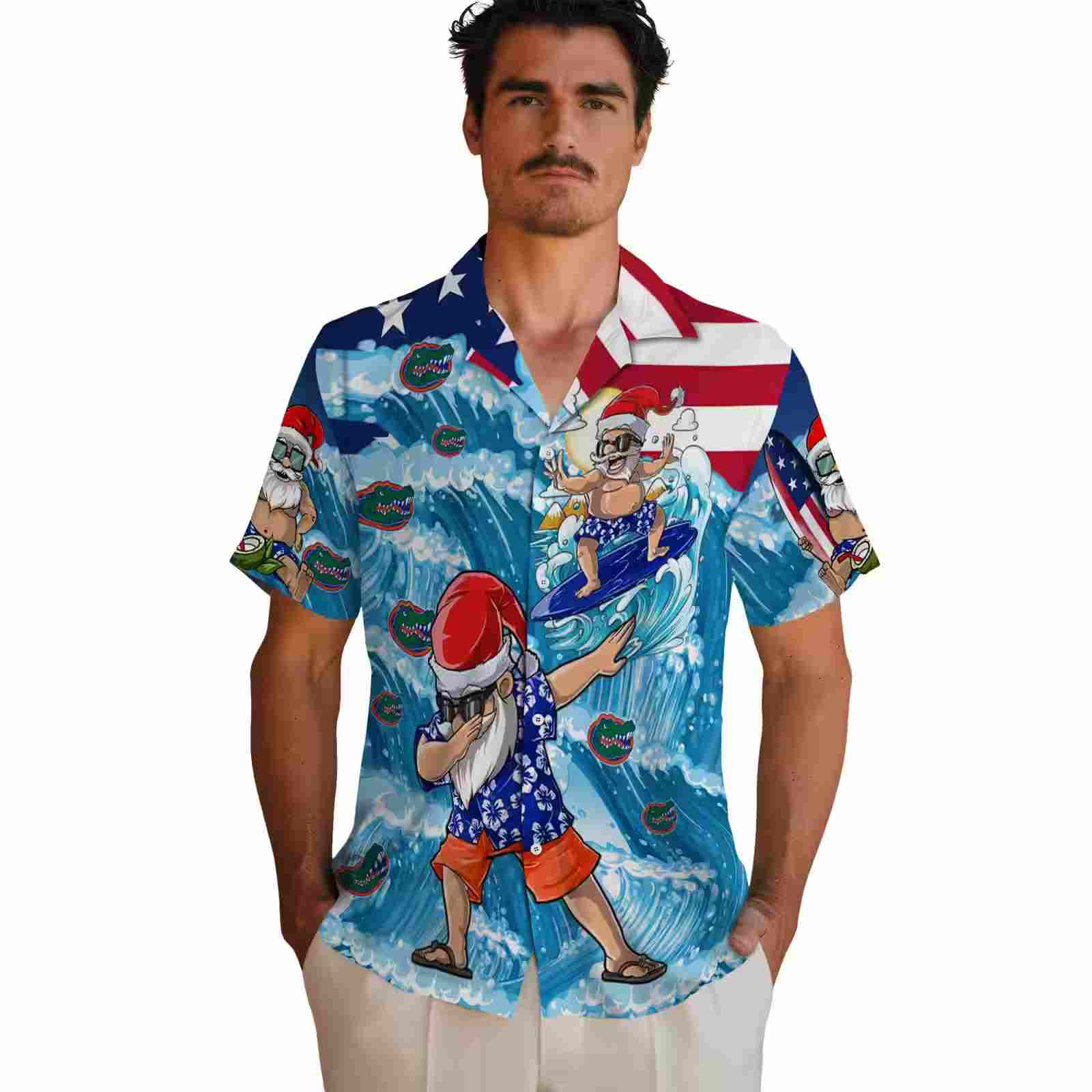 florida gators surfing santa blue hawaiian shirt fashion forward