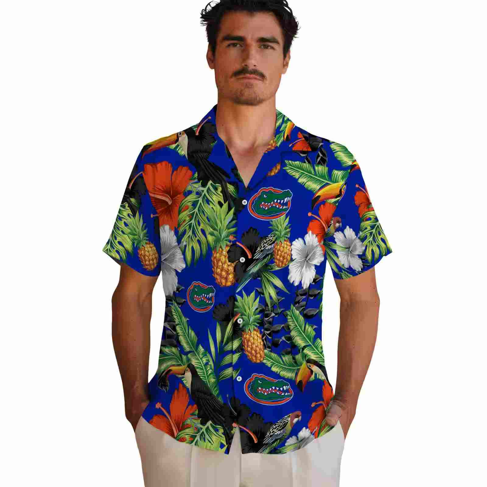 florida gators toucan hibiscus pineapple blue green hawaiian shirt fashion forward