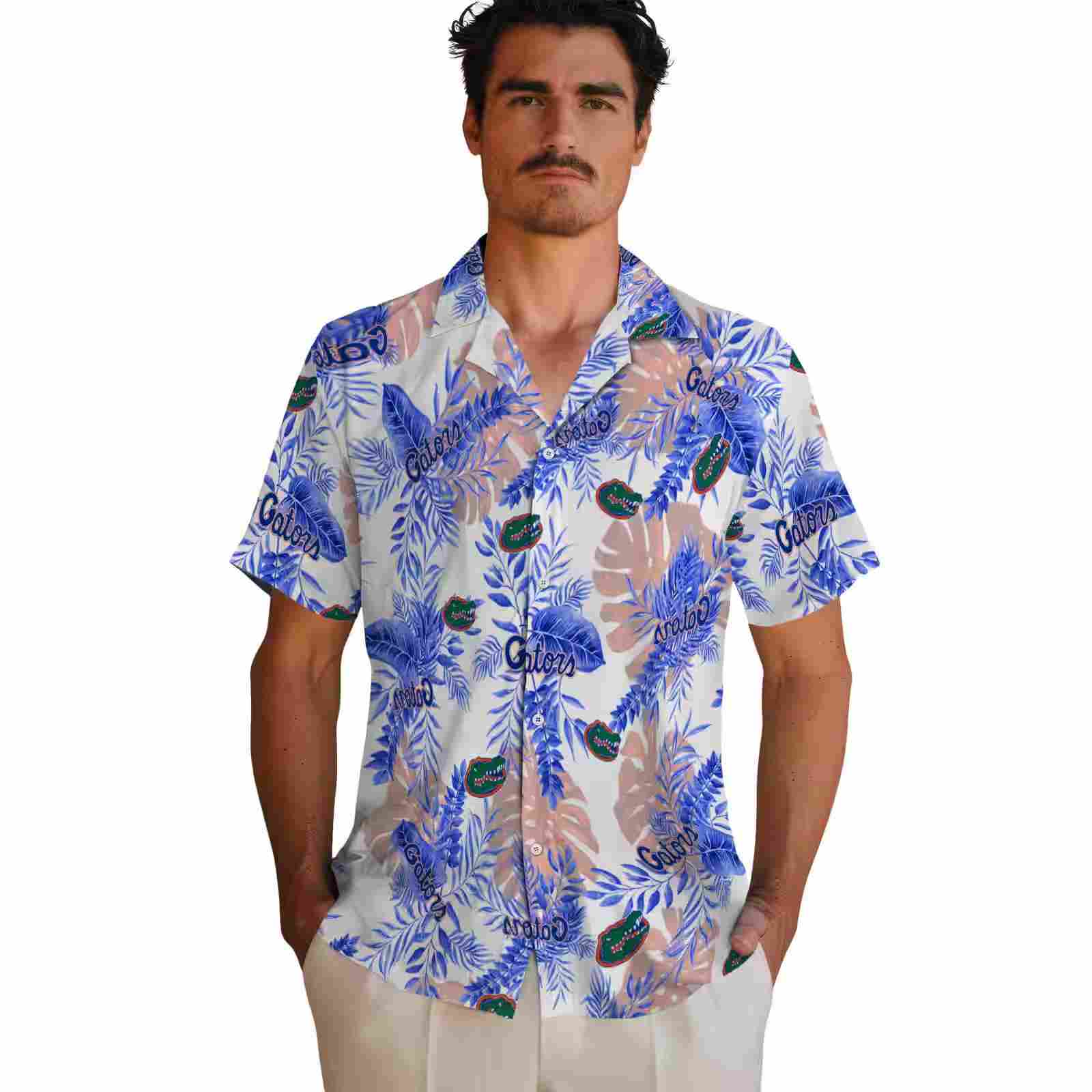 florida gators tropical leaves blue white hawaiian shirt fashion forward