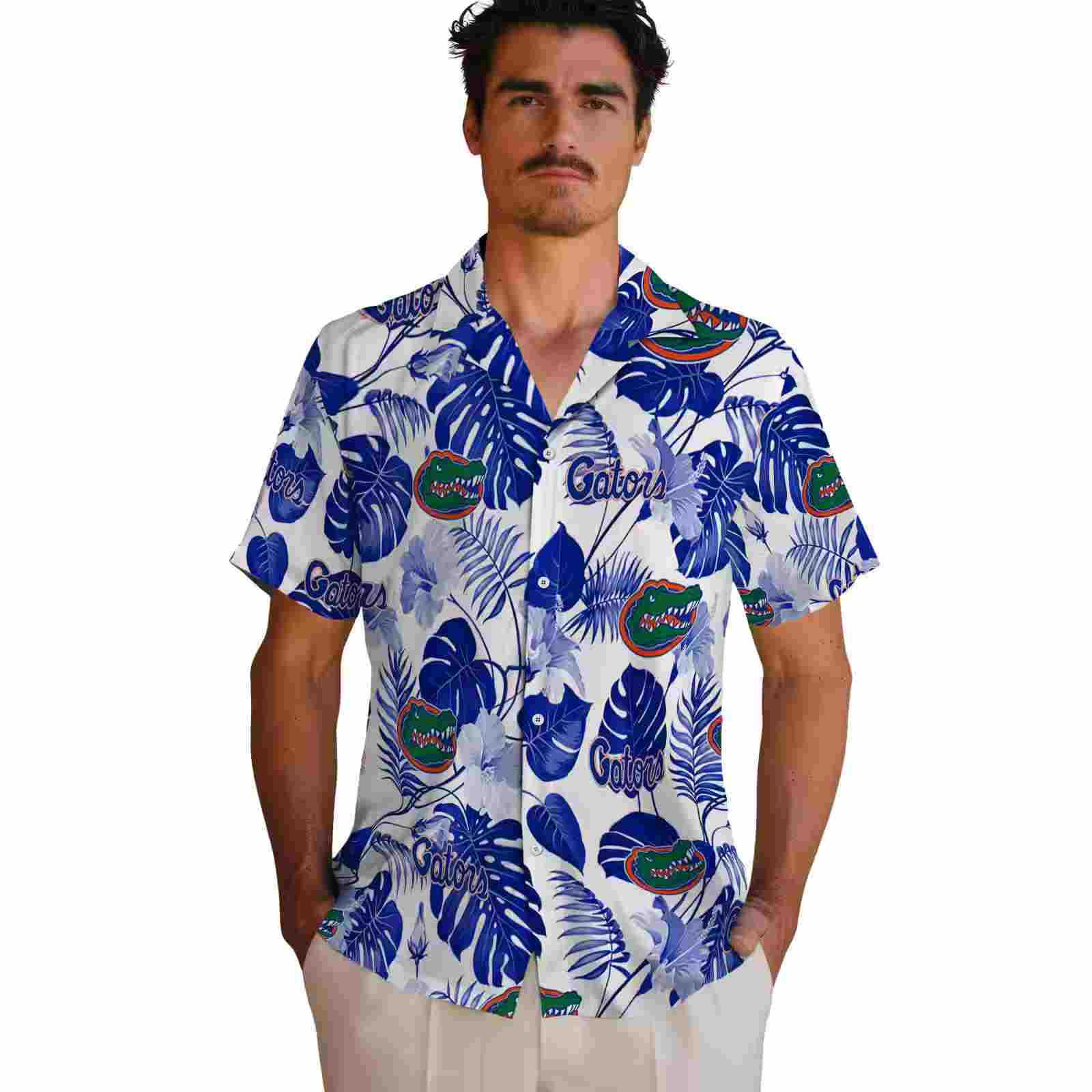 florida gators tropical plants blue white hawaiian shirt fashion forward