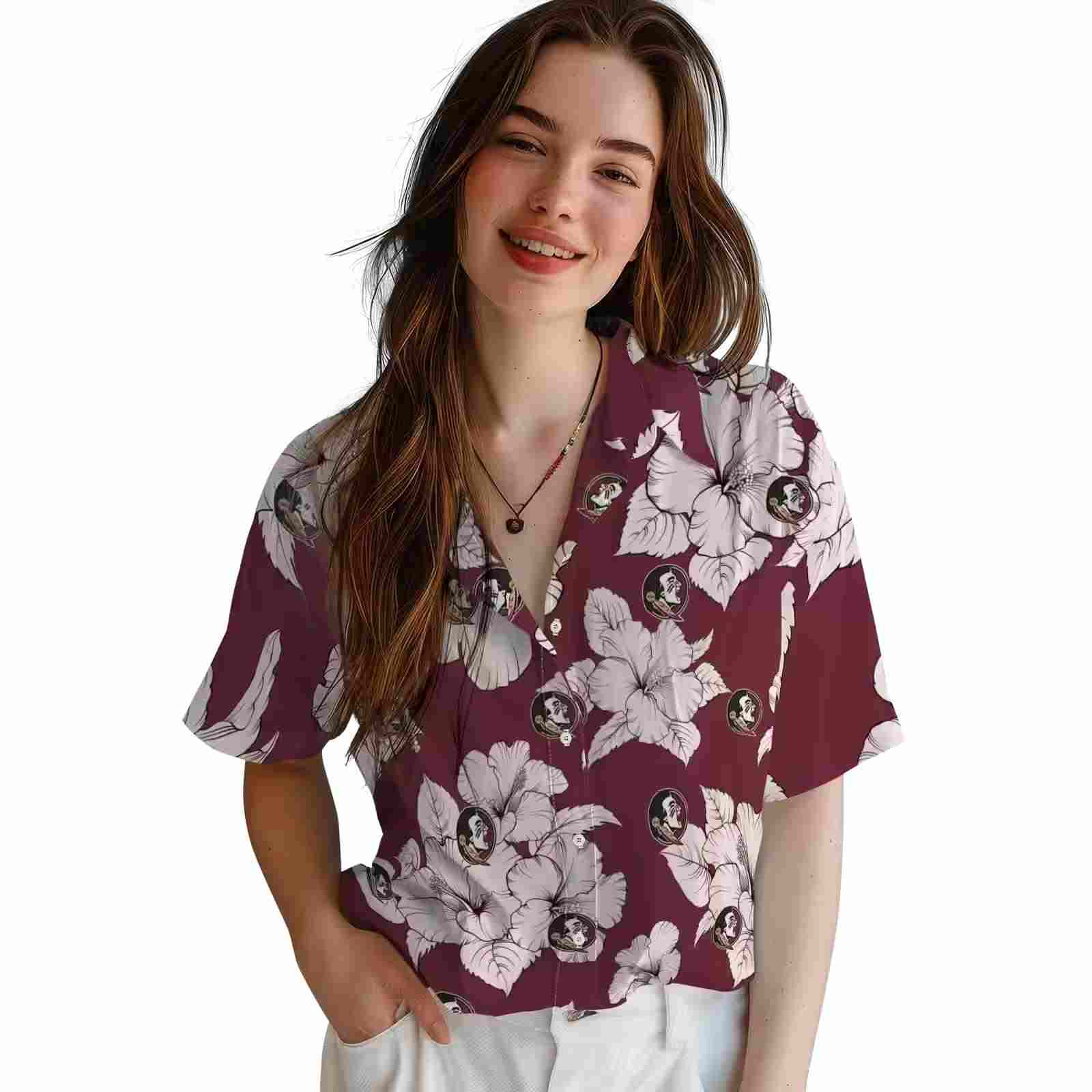 florida state seminoles hibiscus blooms garnet white hawaiian shirt latest model