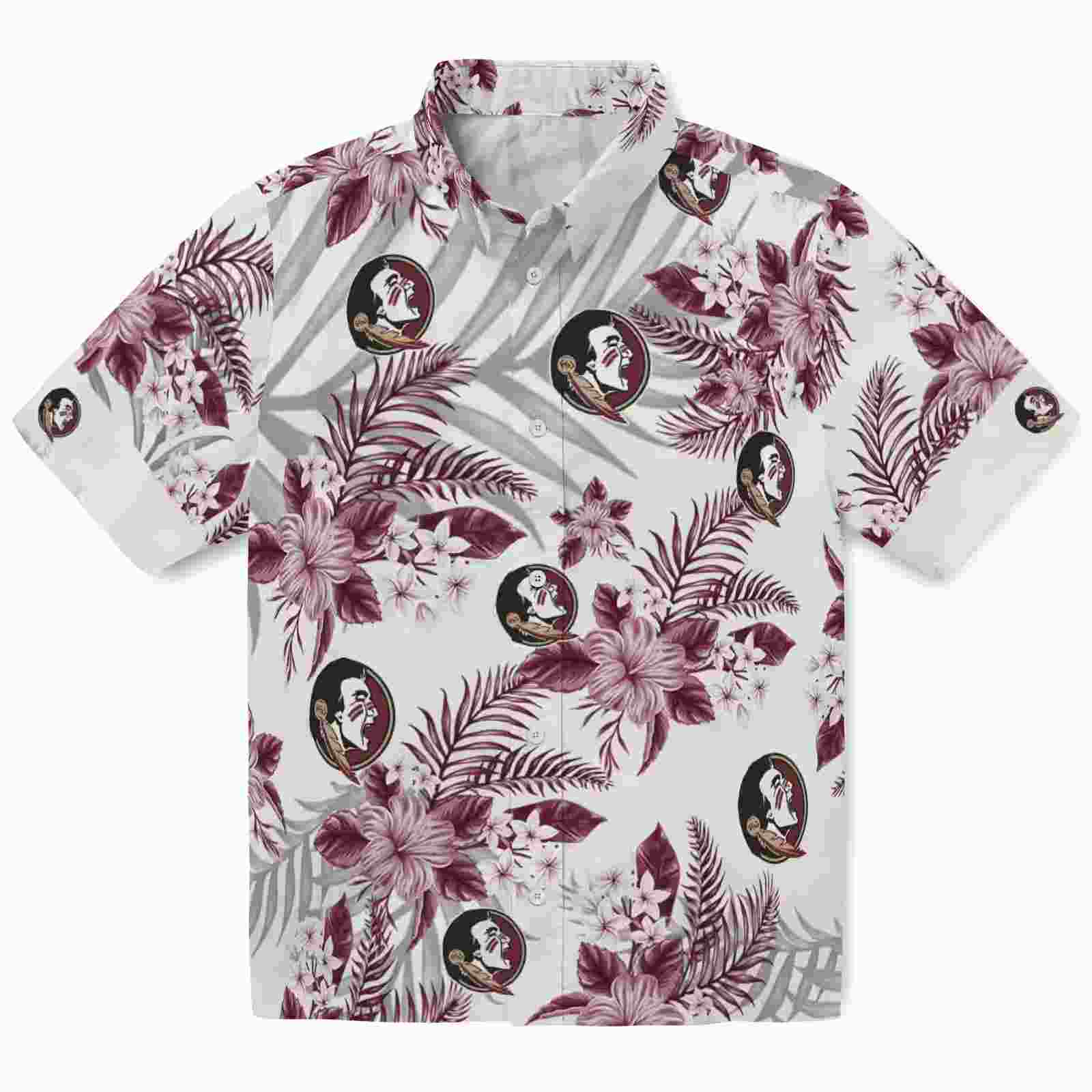 Florida State Seminoles Hibiscus Palm Leaves Garnet White Hawaiian Shirt