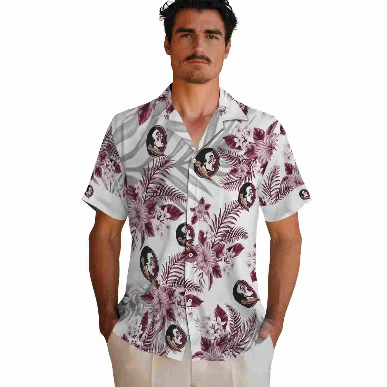 florida state seminoles hibiscus palm leaves garnet white hawaiian shirt fashion forward