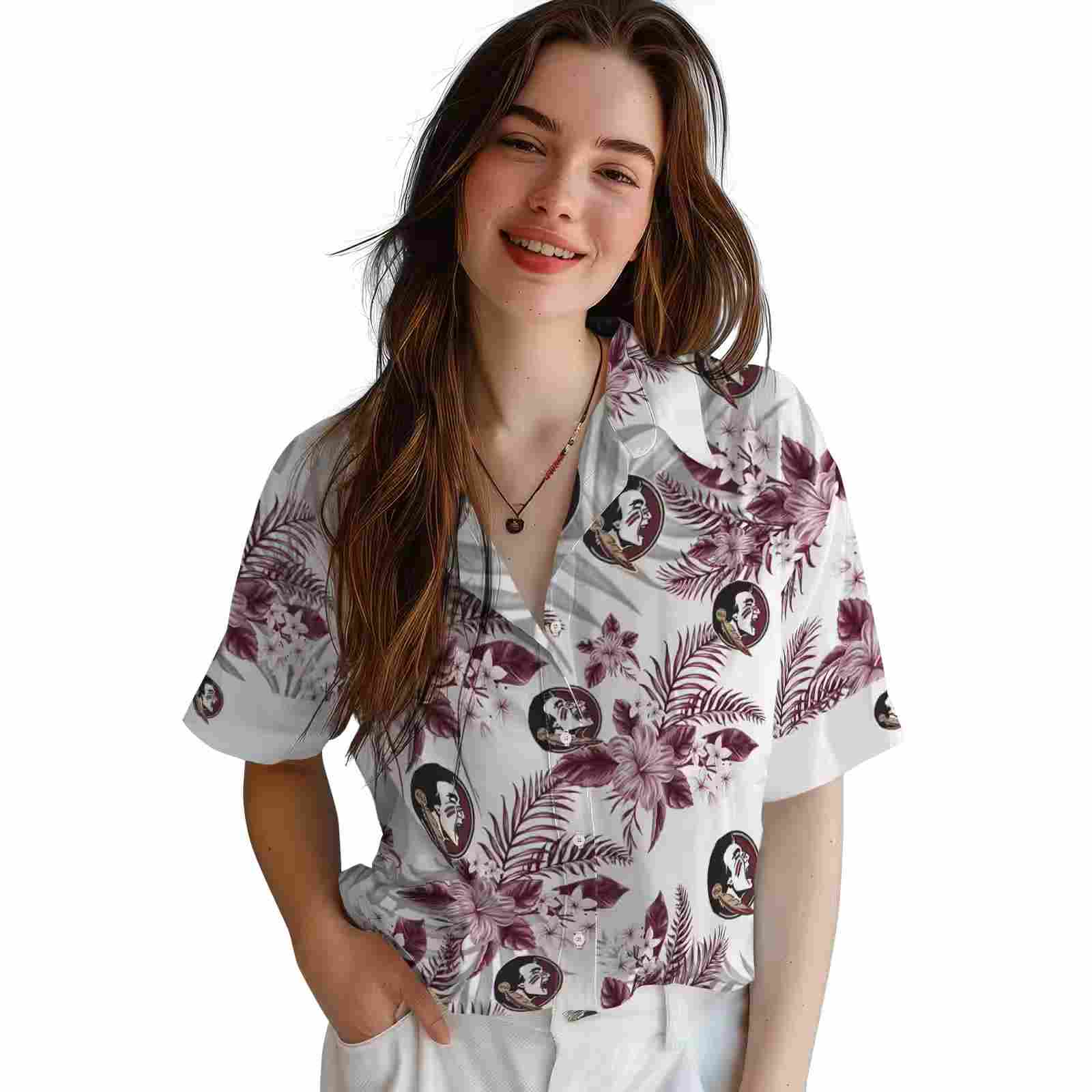 florida state seminoles hibiscus palm leaves garnet white hawaiian shirt latest model