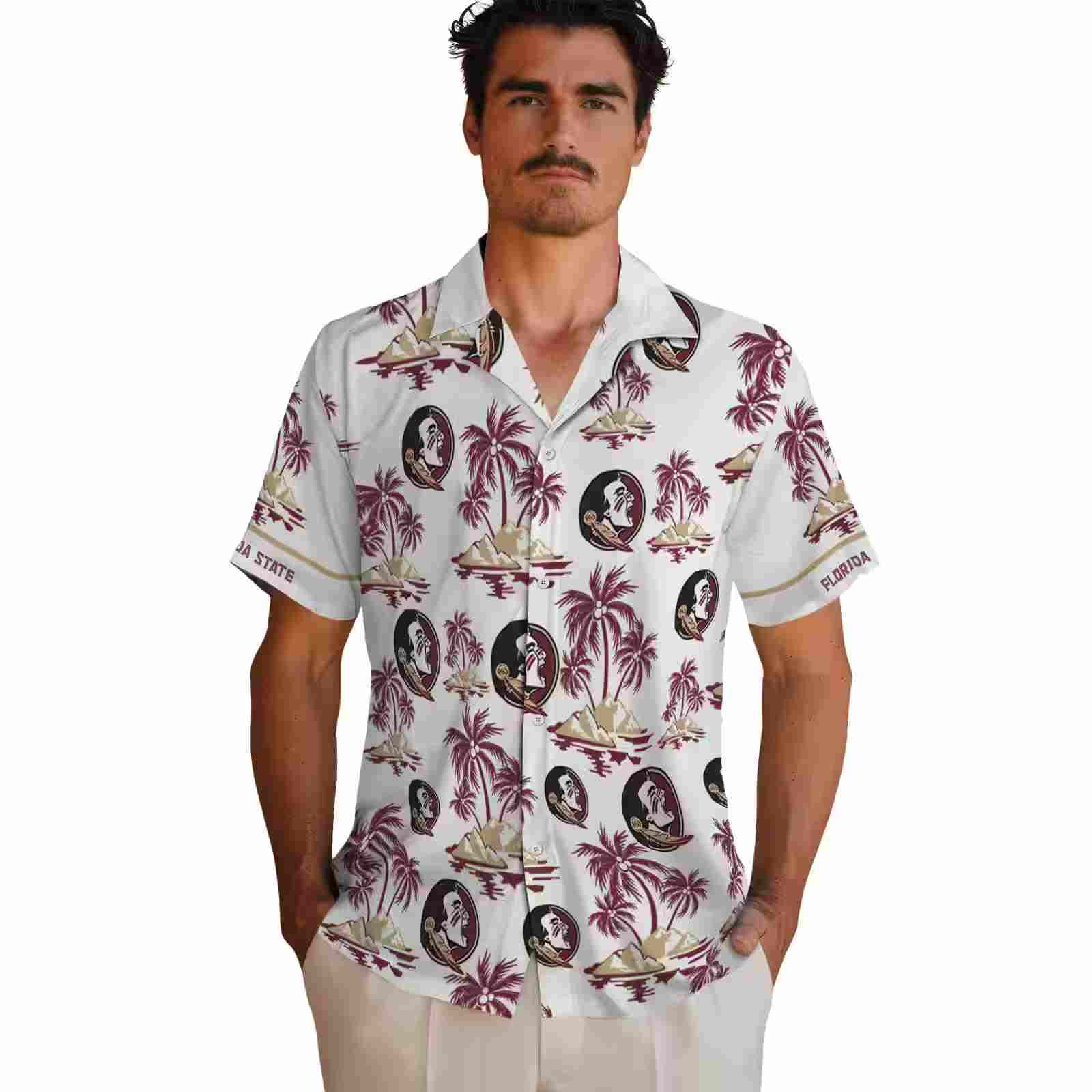 florida state seminoles palm island print garnet white hawaiian shirt fashion forward