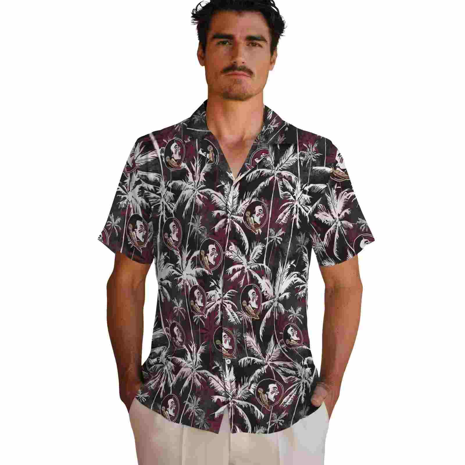 florida state seminoles palm pattern garnet black hawaiian shirt fashion forward