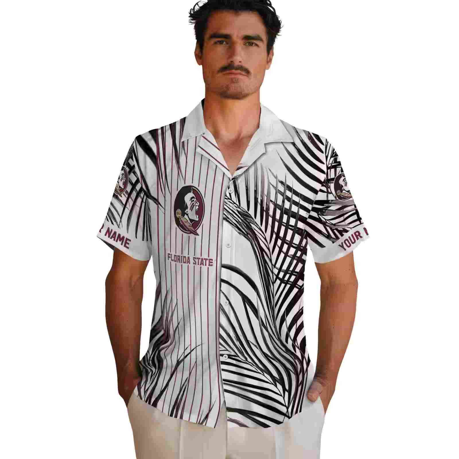 florida state seminoles palm stripes garnet black white hawaiian shirt fashion forward