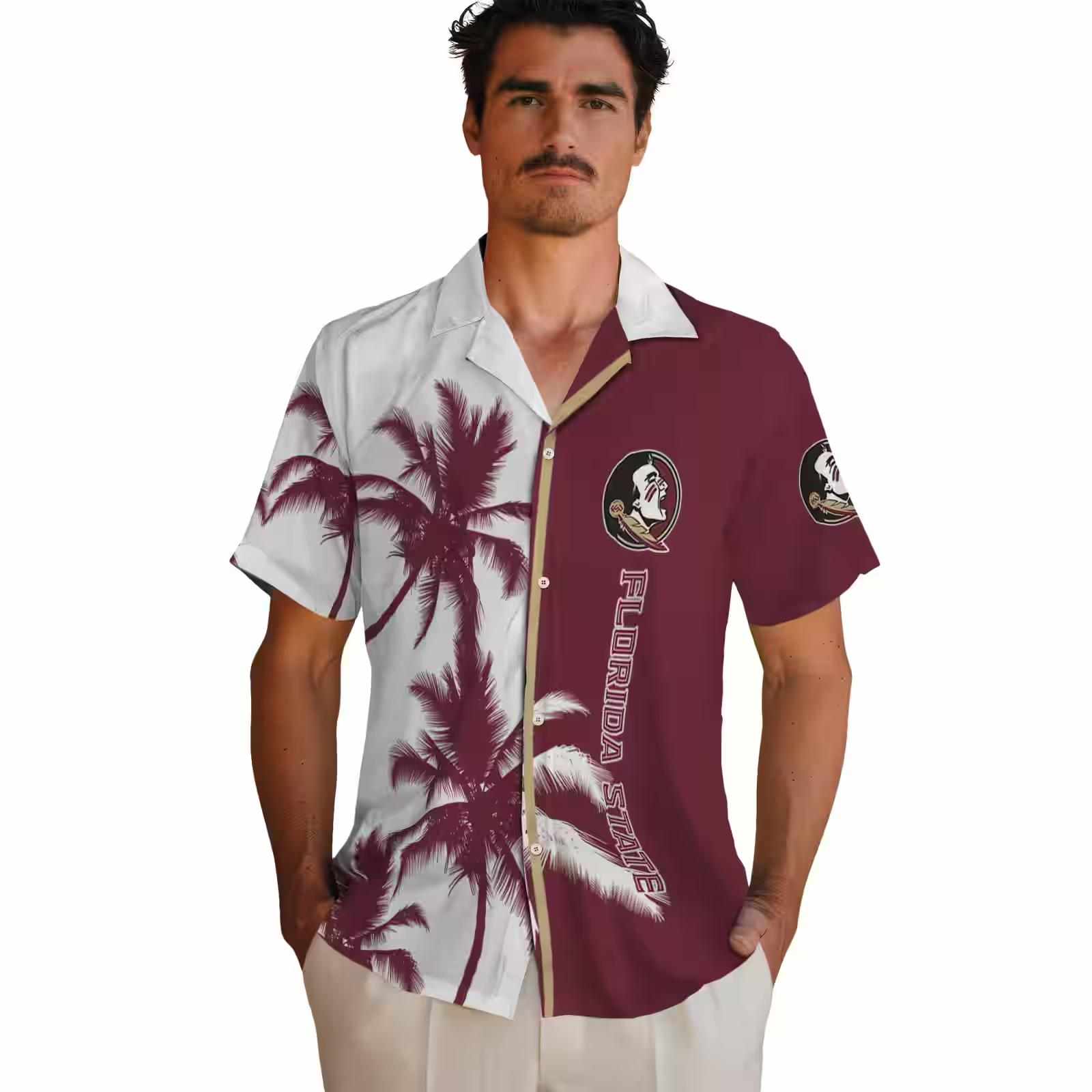 florida state seminoles palm trees garnet white hawaiian shirt fashion forward