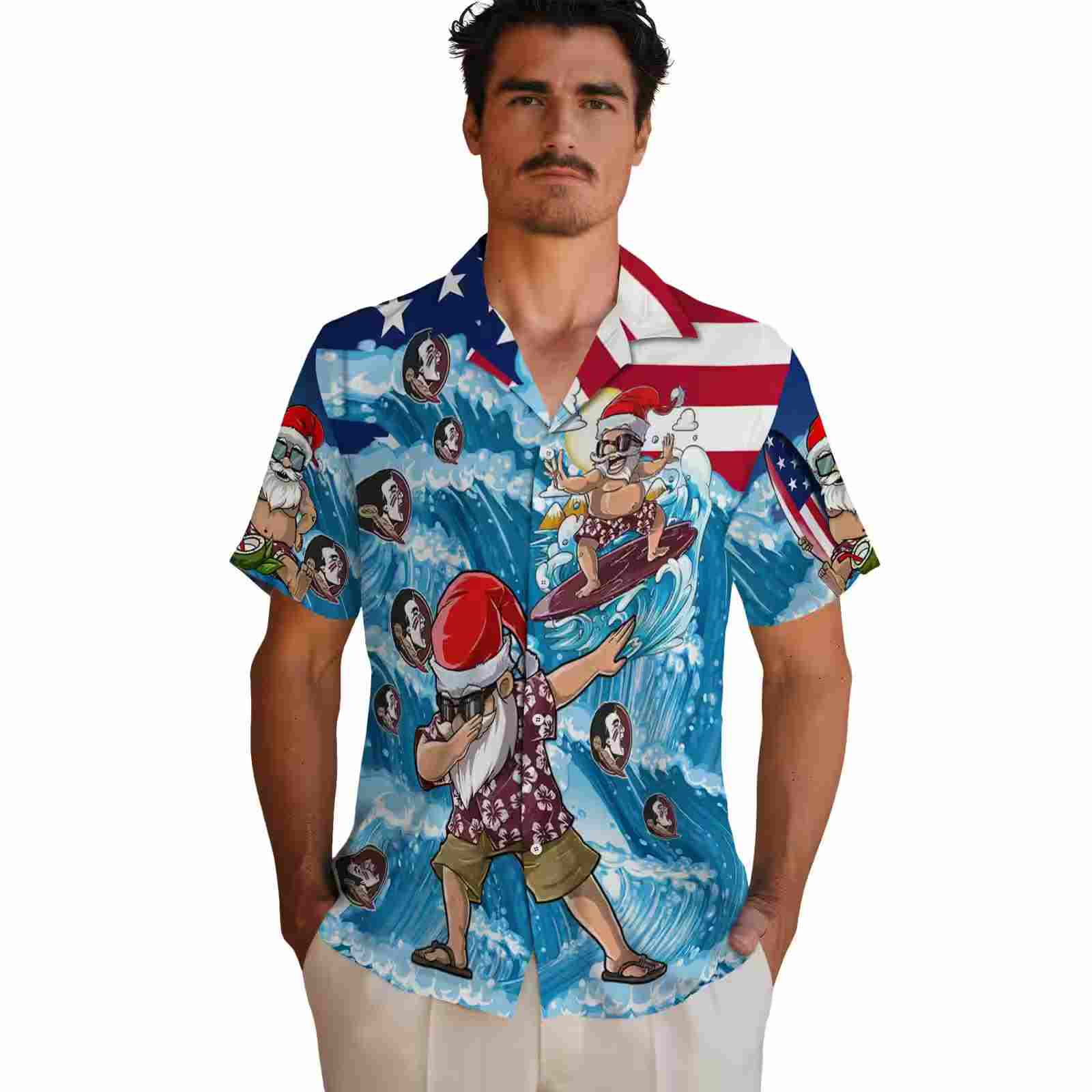 florida state seminoles surfing santa blue hawaiian shirt fashion forward