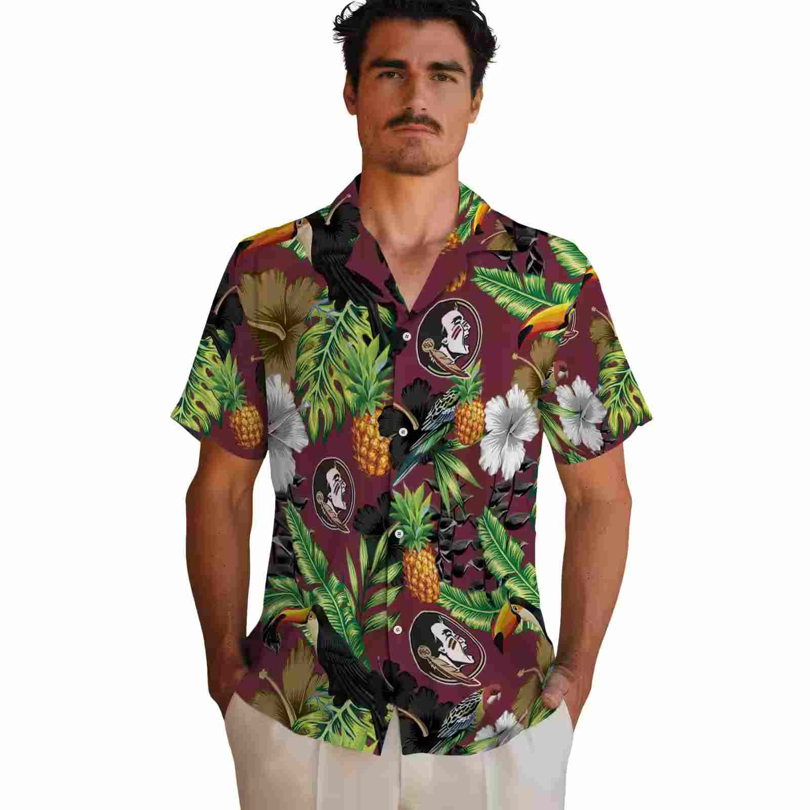 florida state seminoles toucan hibiscus pineapple garnet green hawaiian shirt fashion forward