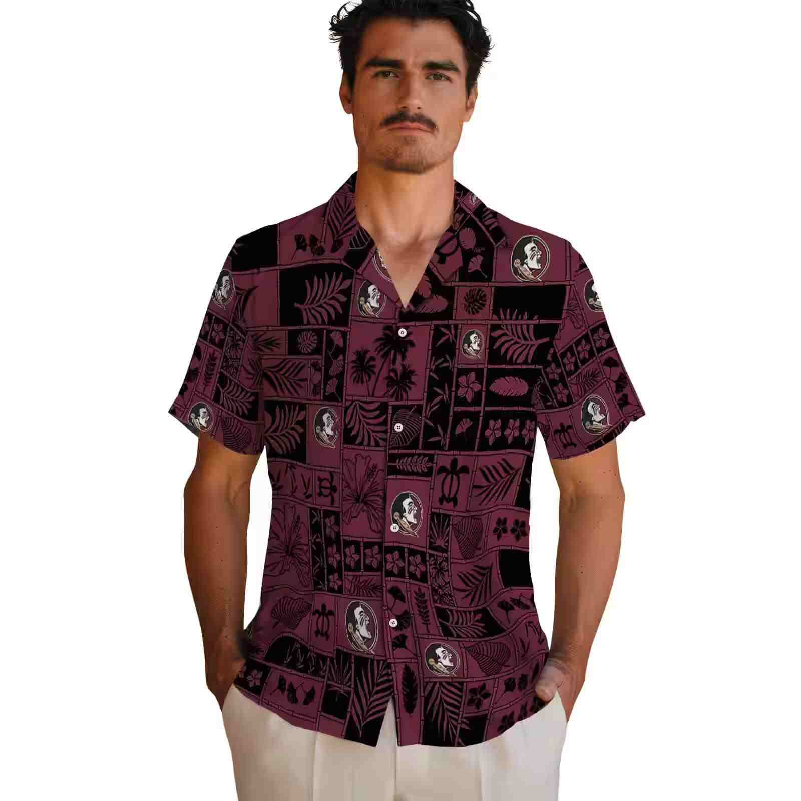 florida state seminoles tropical patchwork garnet black hawaiian shirt fashion forward