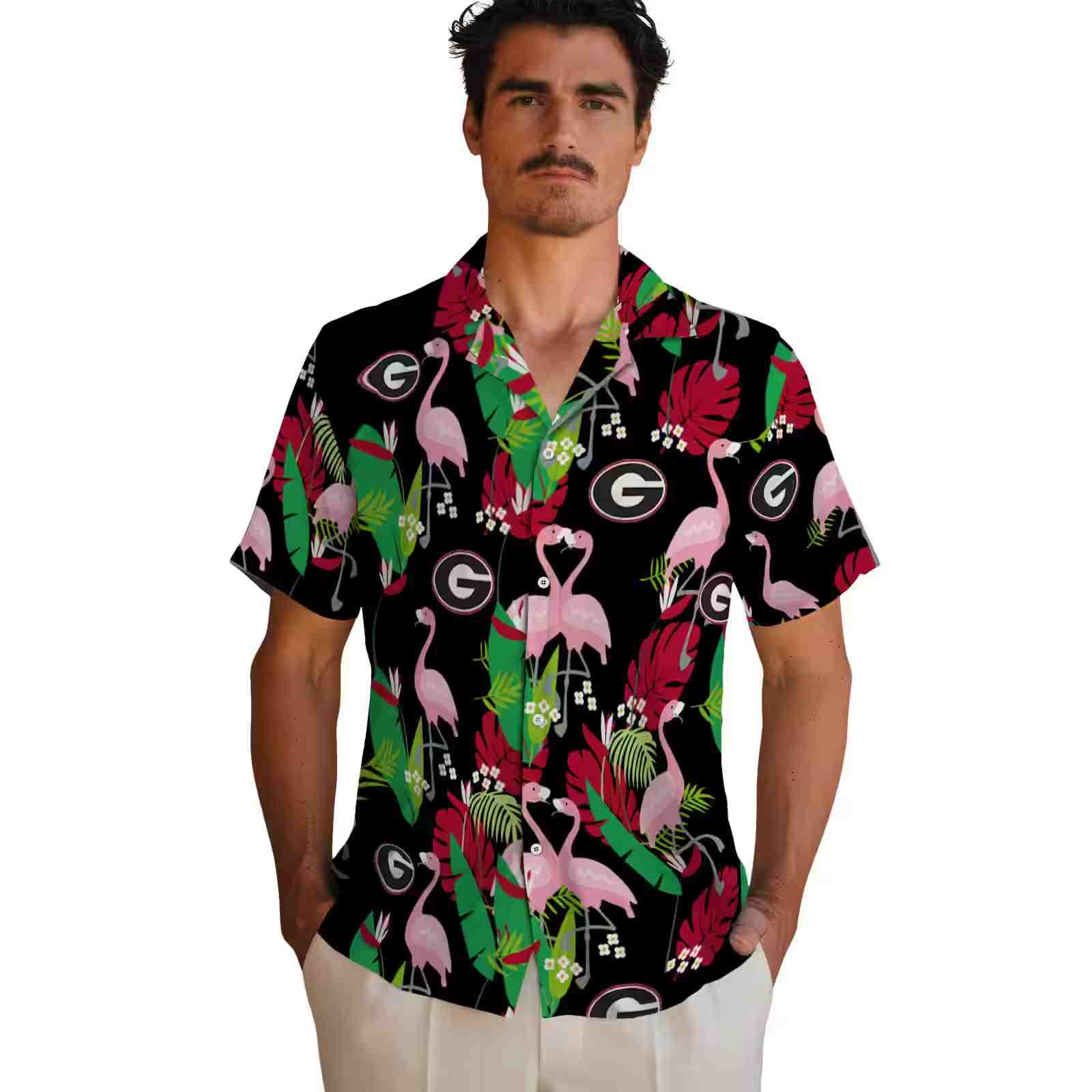 georgia bulldogs flamingo foliage red green hawaiian shirt fashion forward