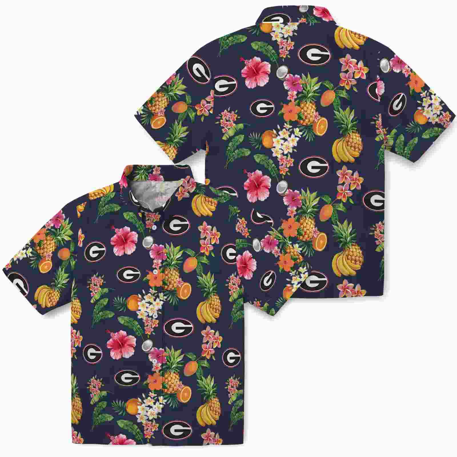 georgia bulldogs hibiscus and fruit navy blue hawaiian shirt high quality