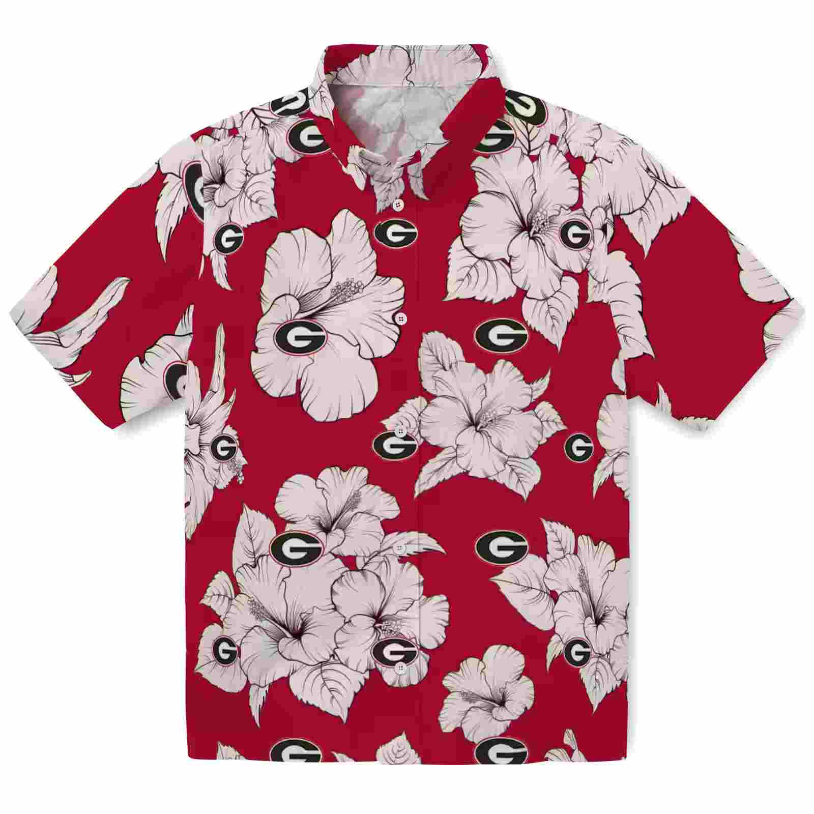 Georgia Bulldogs Hibiscus Blooms Red White Hawaiian Shirt