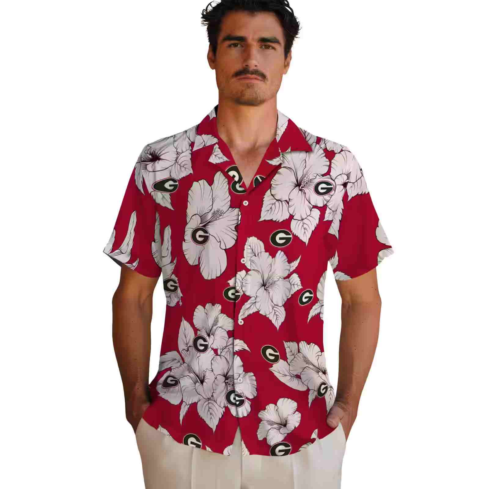 georgia bulldogs hibiscus blooms red white hawaiian shirt fashion forward