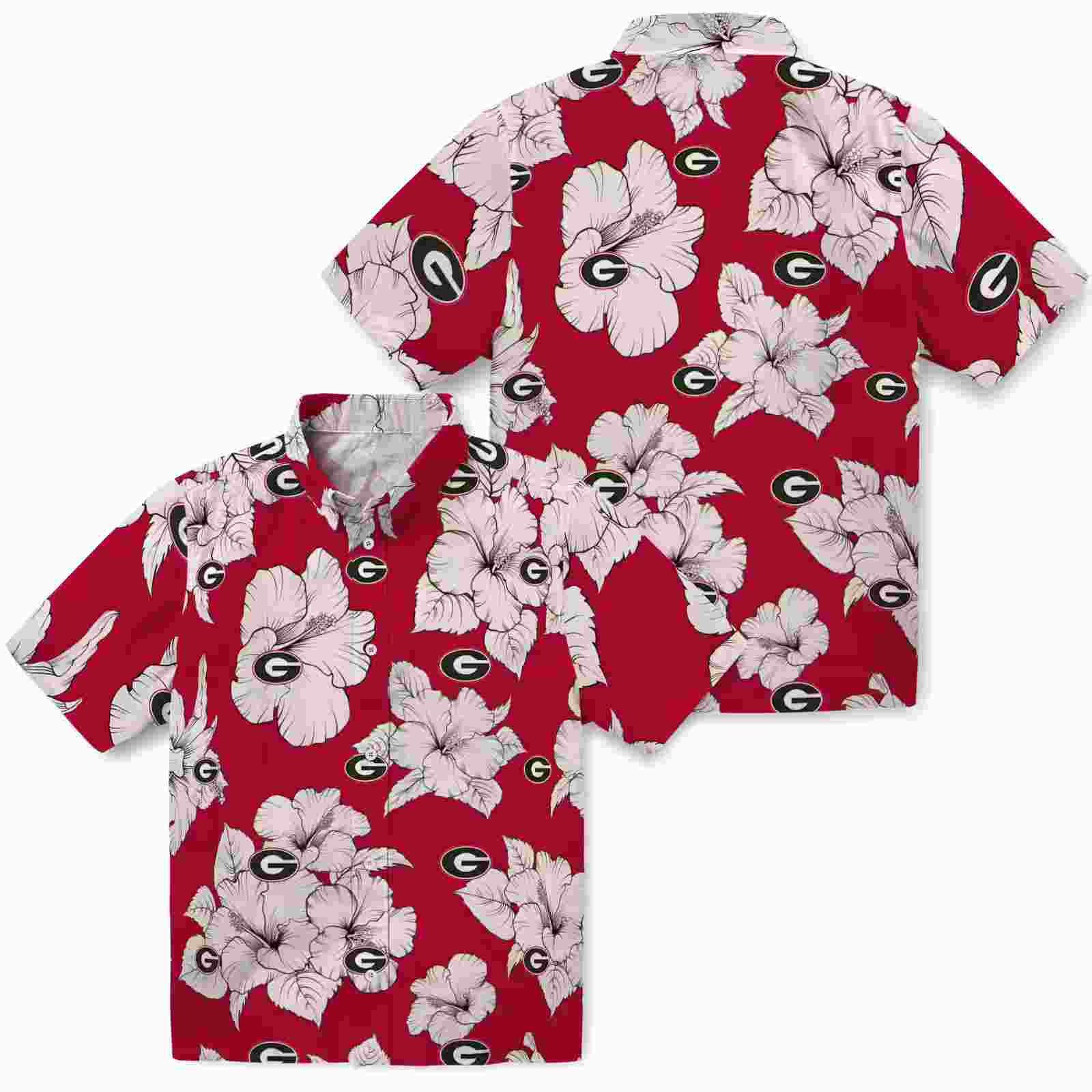 georgia bulldogs hibiscus blooms red white hawaiian shirt high quality