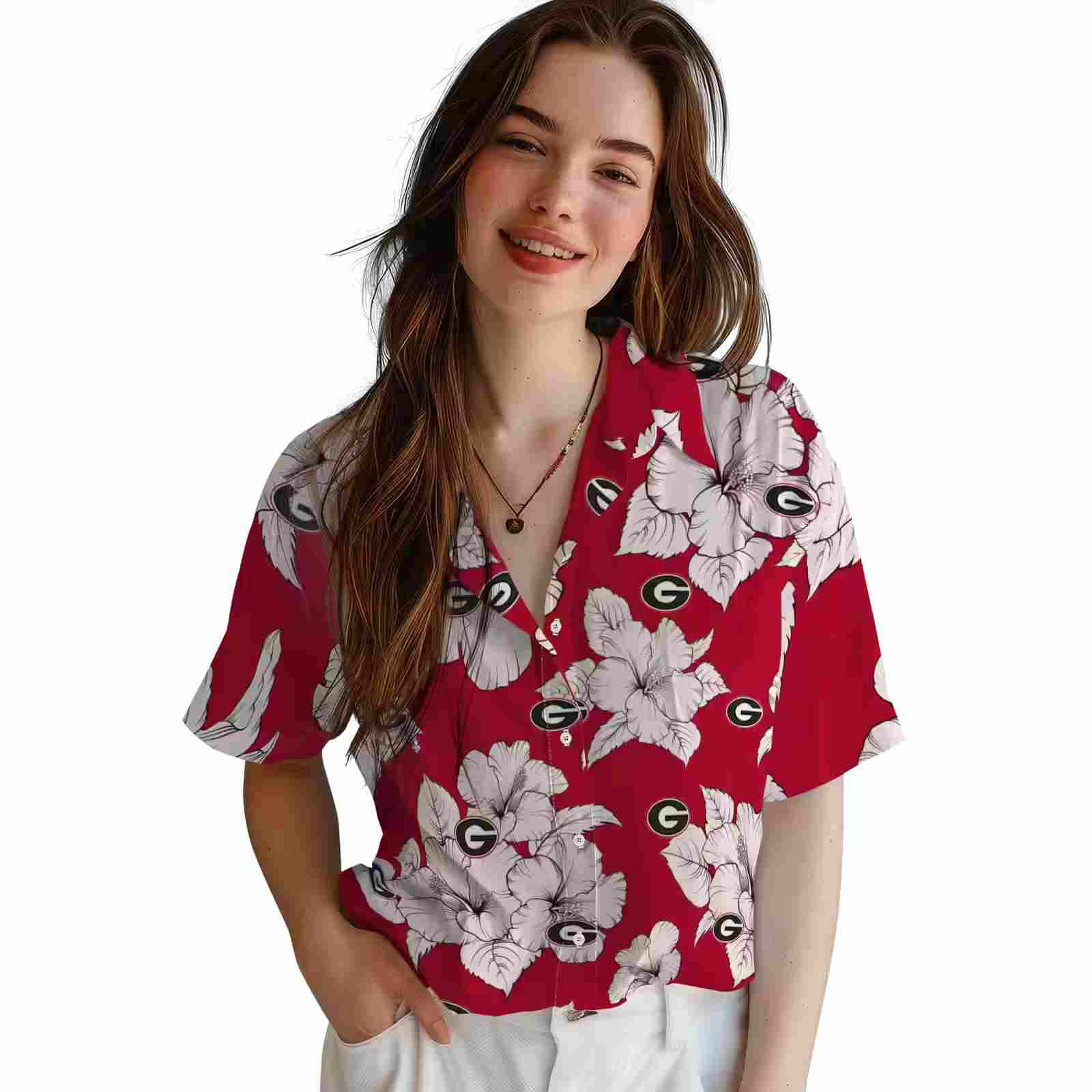 georgia bulldogs hibiscus blooms red white hawaiian shirt latest model