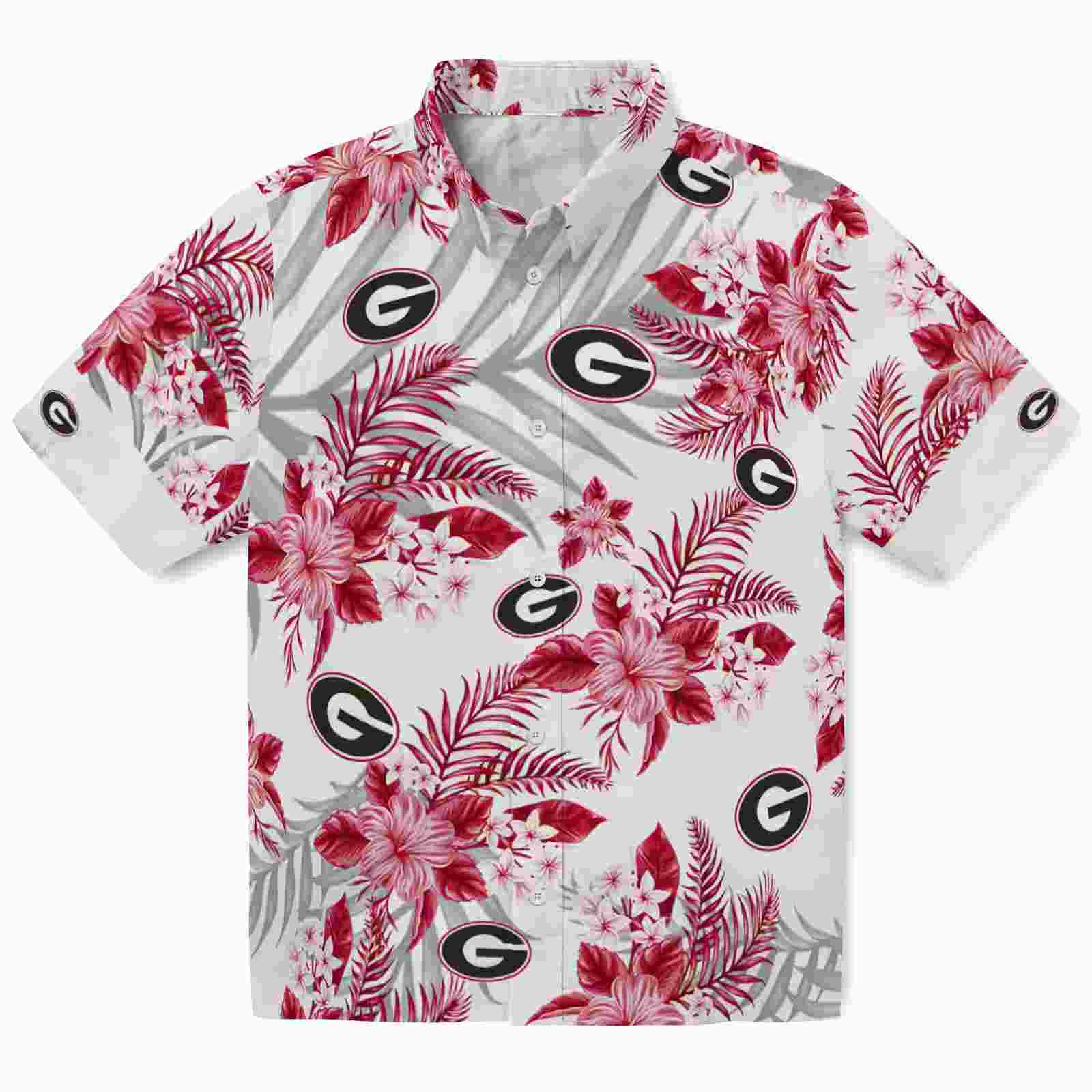 Georgia Bulldogs Hibiscus Palm Leaves Red White Hawaiian Shirt