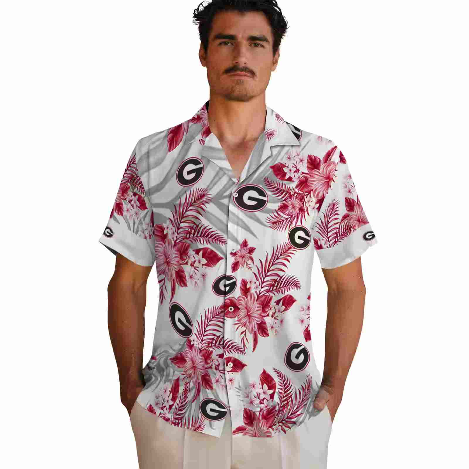 georgia bulldogs hibiscus palm leaves red white hawaiian shirt fashion forward