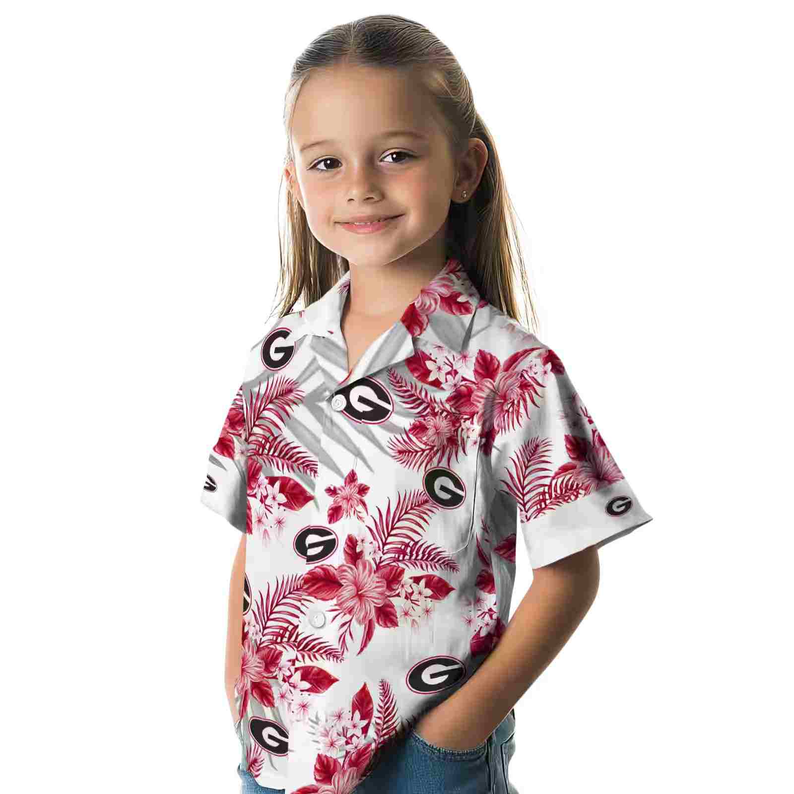 georgia bulldogs hibiscus palm leaves red white hawaiian shirt premium grade