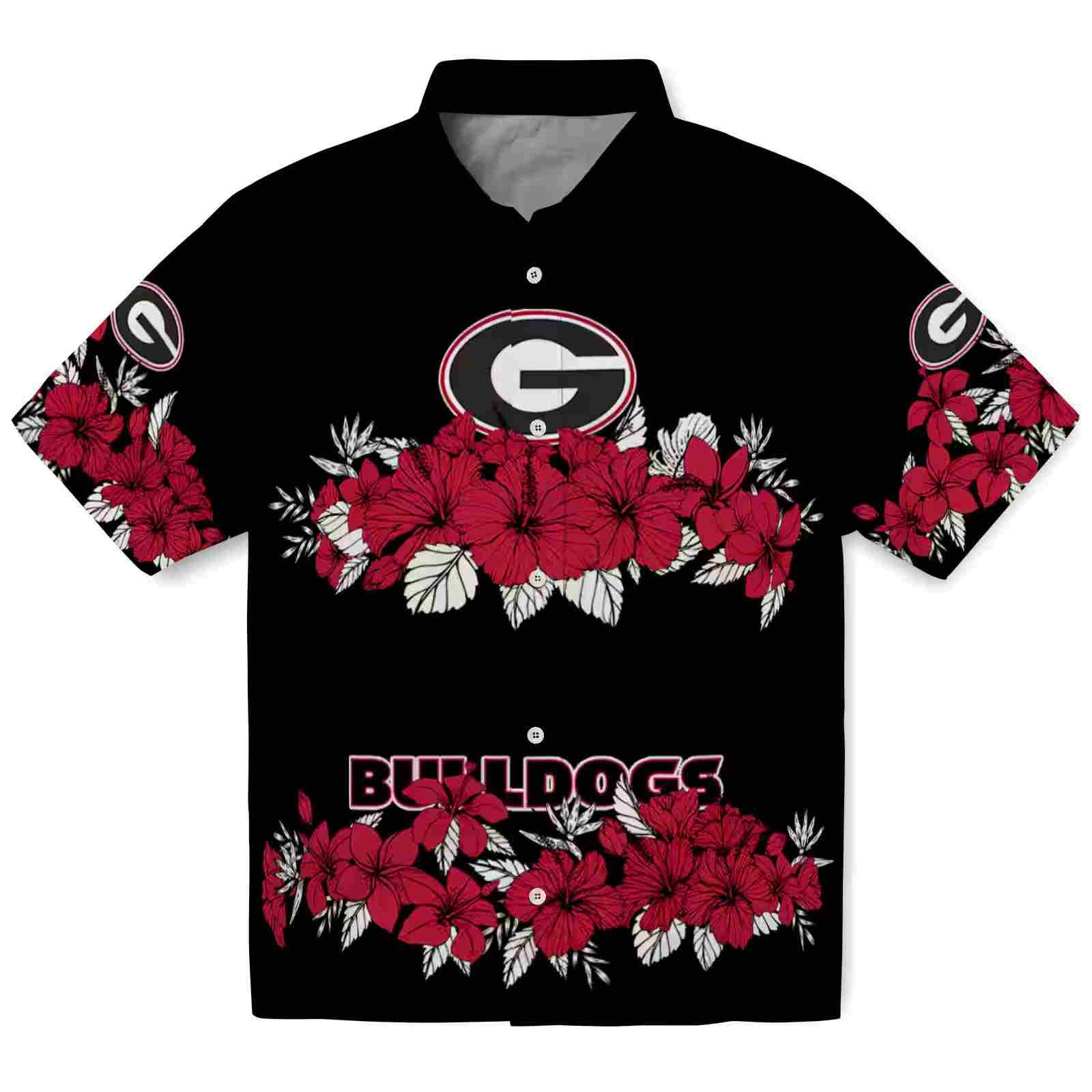 Georgia Bulldogs Hibiscus Stripe Red Black Hawaiian Shirt