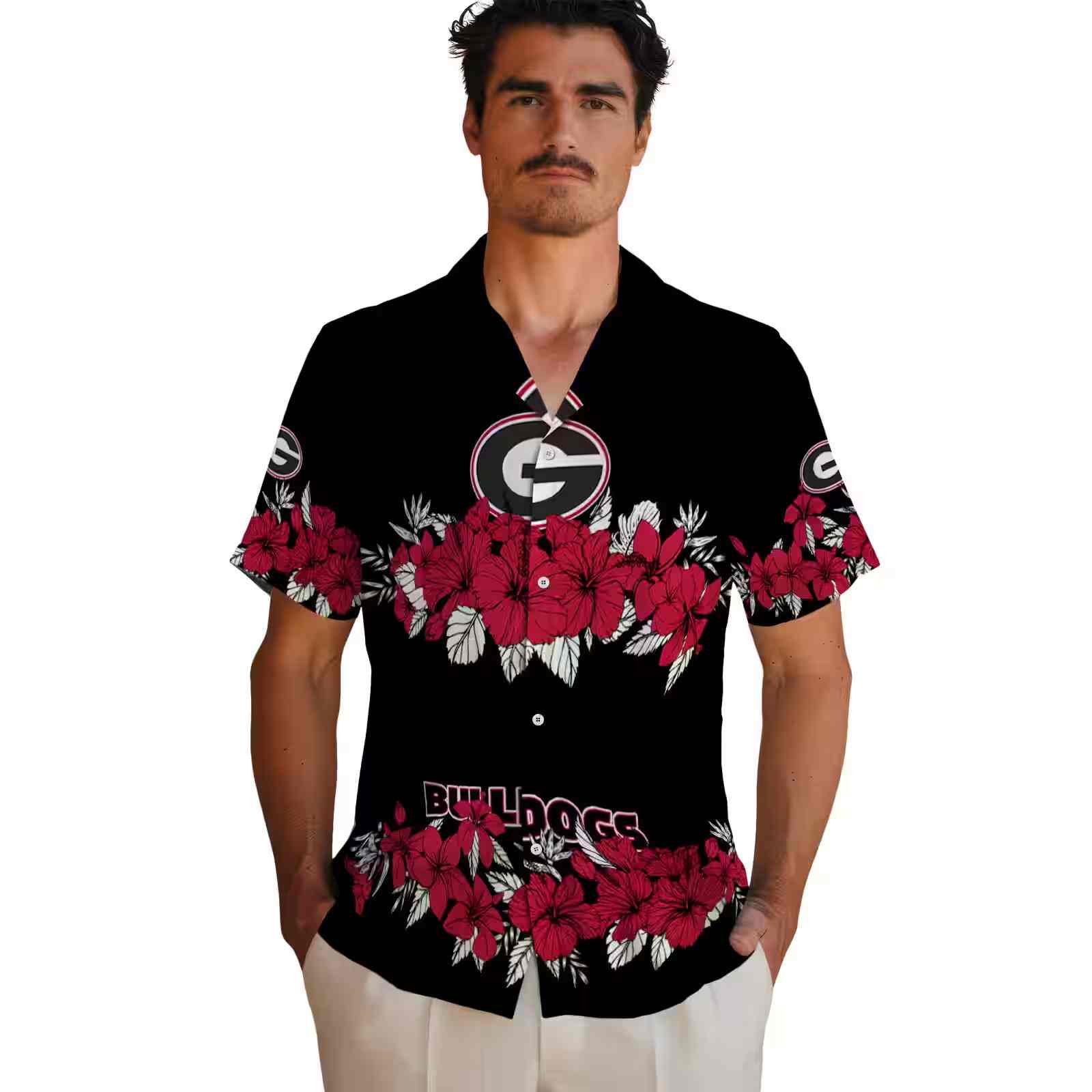 georgia bulldogs hibiscus stripe red black hawaiian shirt fashion forward