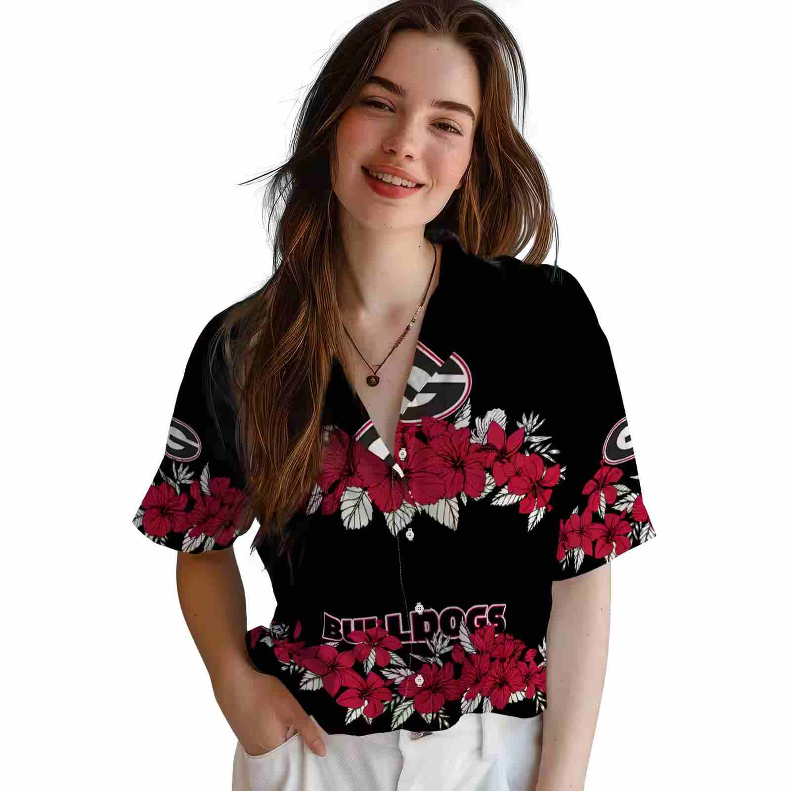 georgia bulldogs hibiscus stripe red black hawaiian shirt latest model