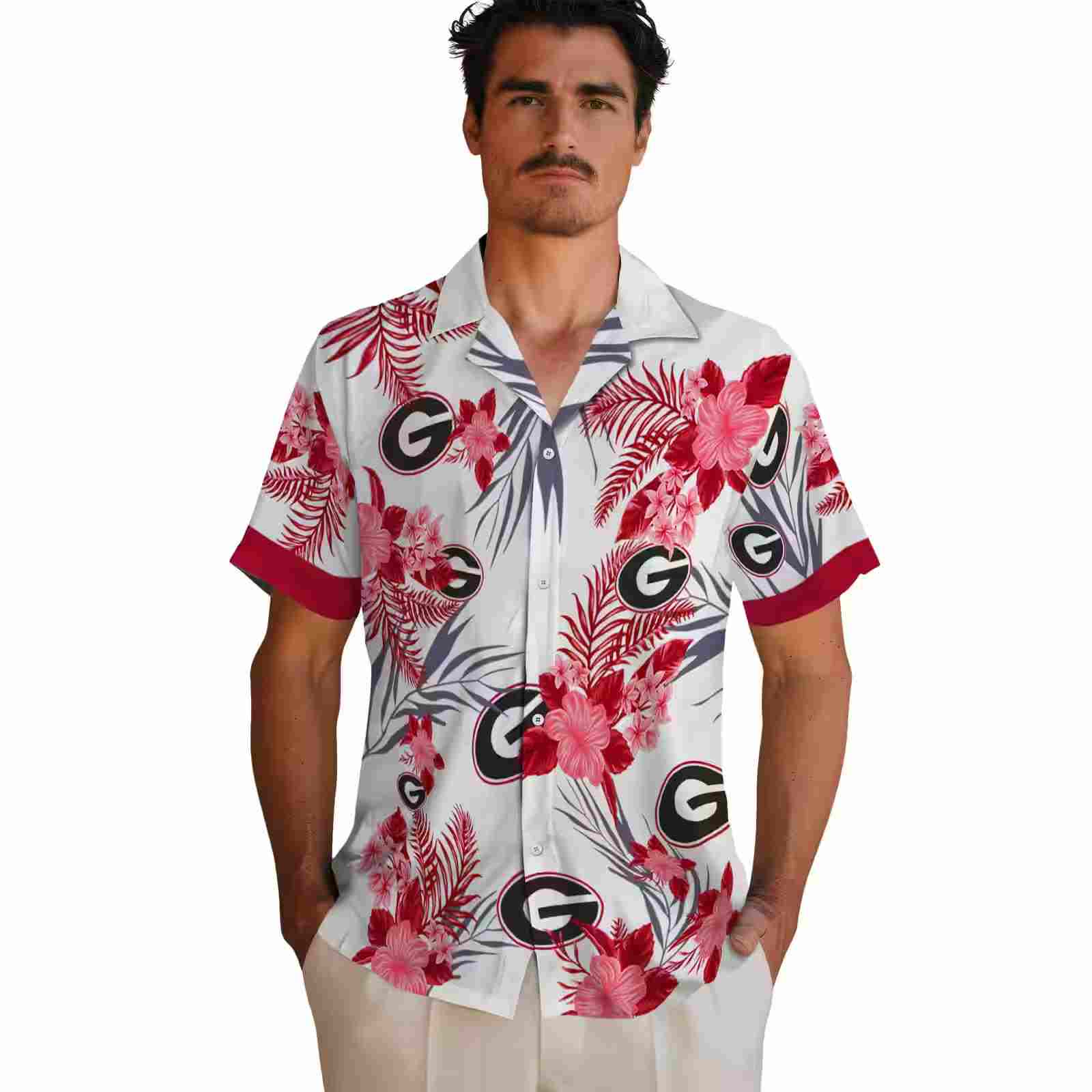 georgia bulldogs patriotic hibiscus design red white hawaiian shirt fashion forward