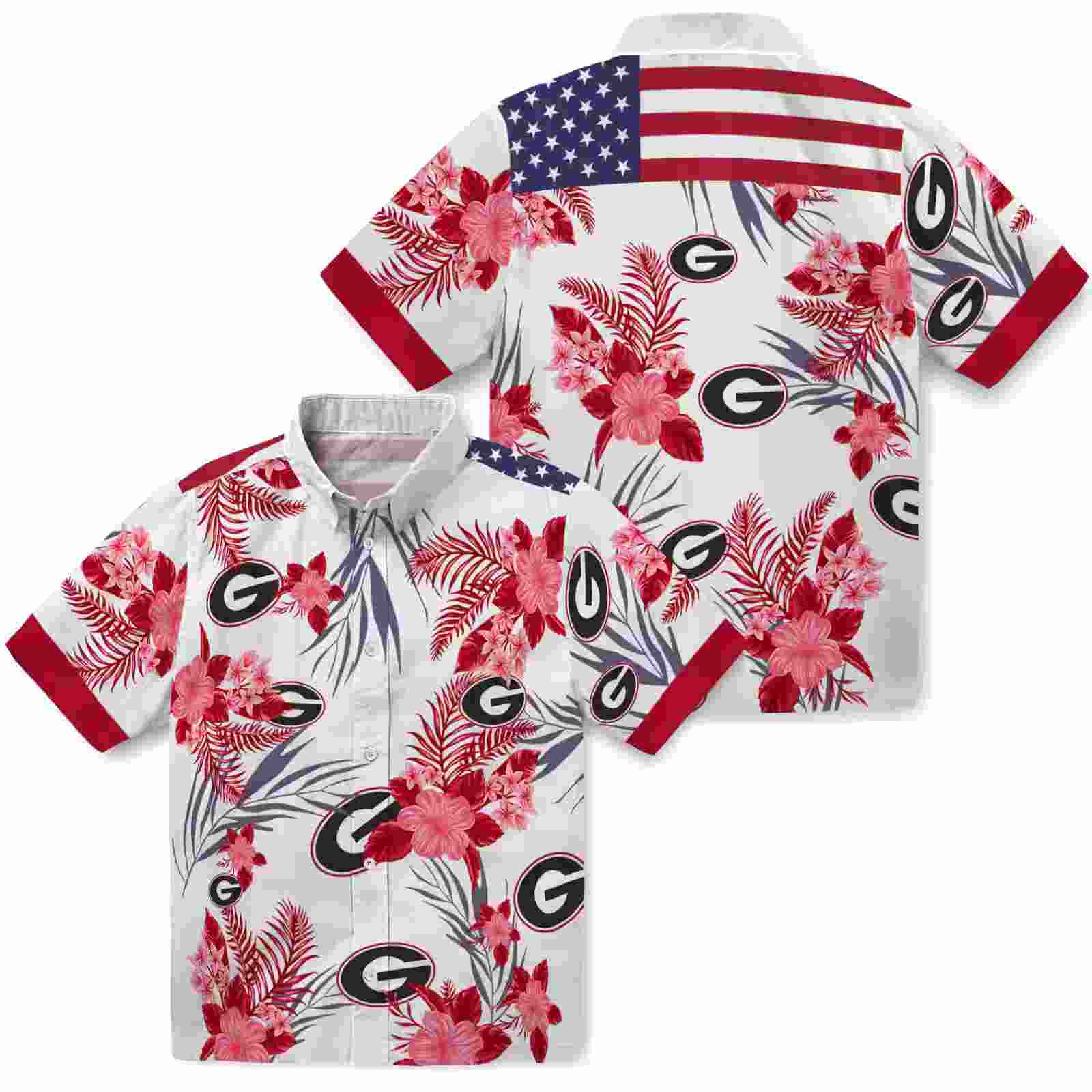 georgia bulldogs patriotic hibiscus design red white hawaiian shirt high quality