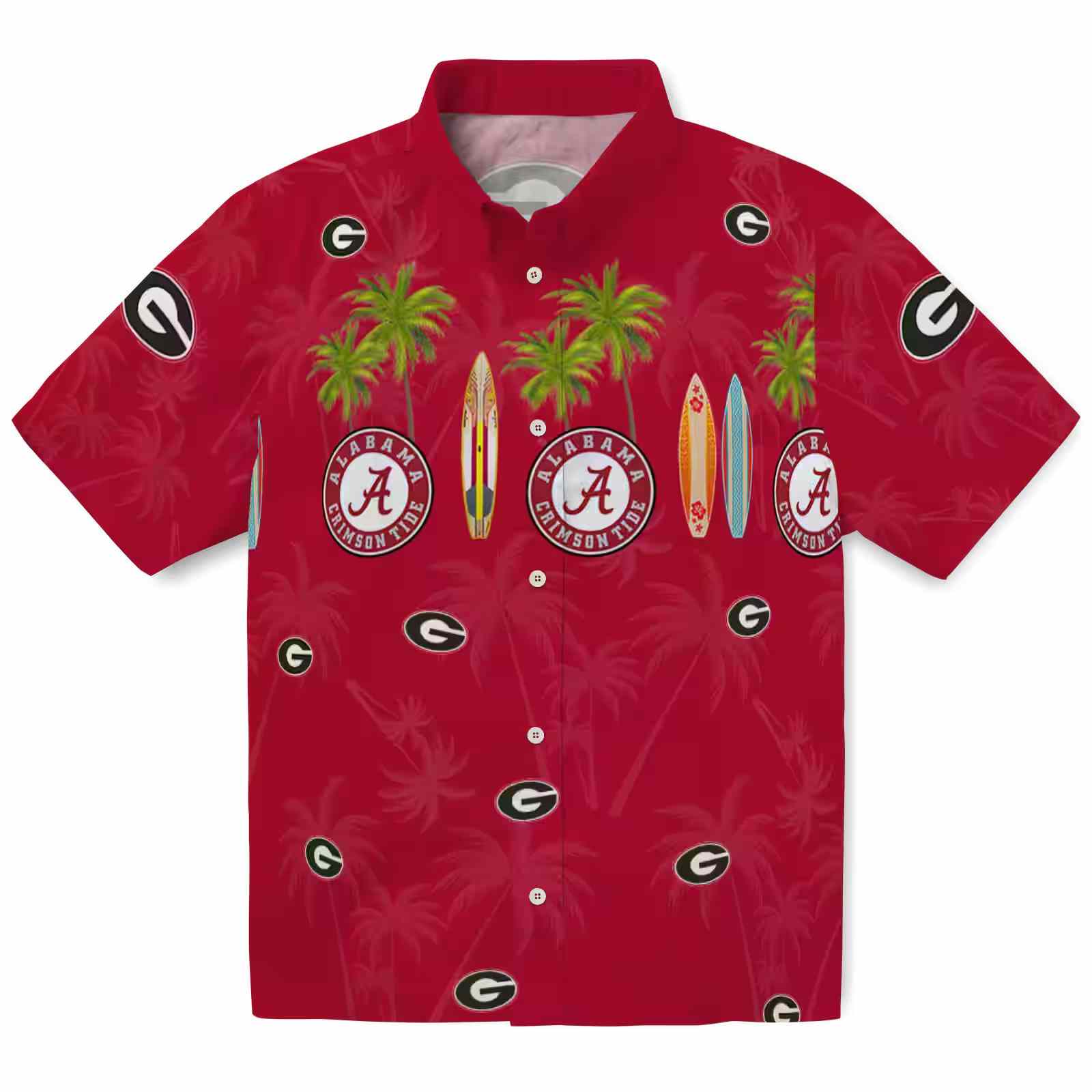 Georgia Bulldogs Surfboard Palm Red Hawaiian Shirt