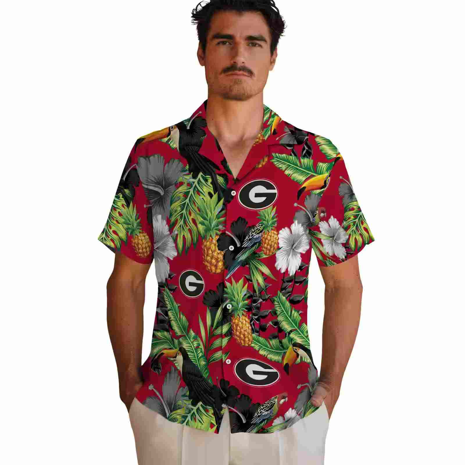 georgia bulldogs toucan hibiscus pineapple red green hawaiian shirt fashion forward