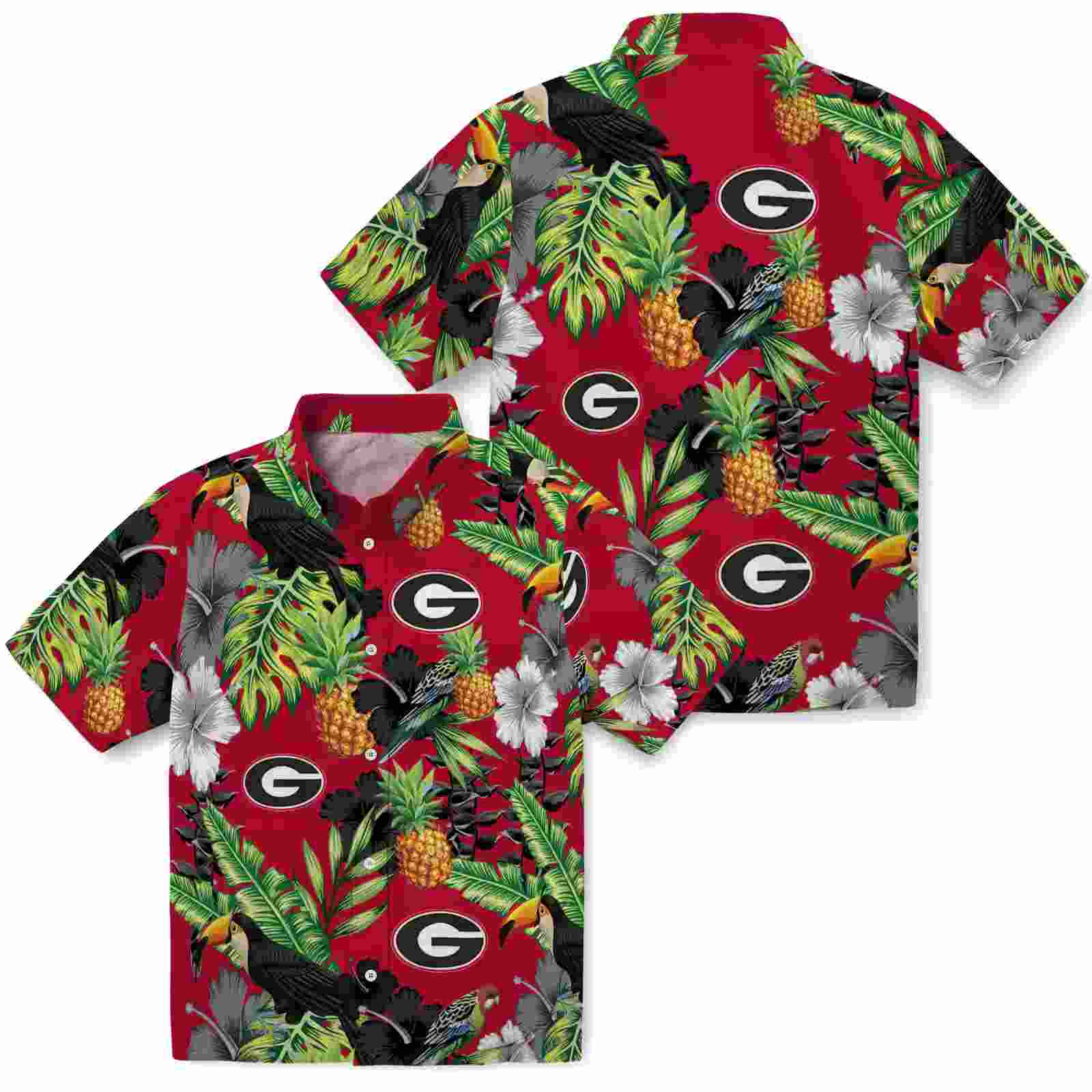 georgia bulldogs toucan hibiscus pineapple red green hawaiian shirt high quality