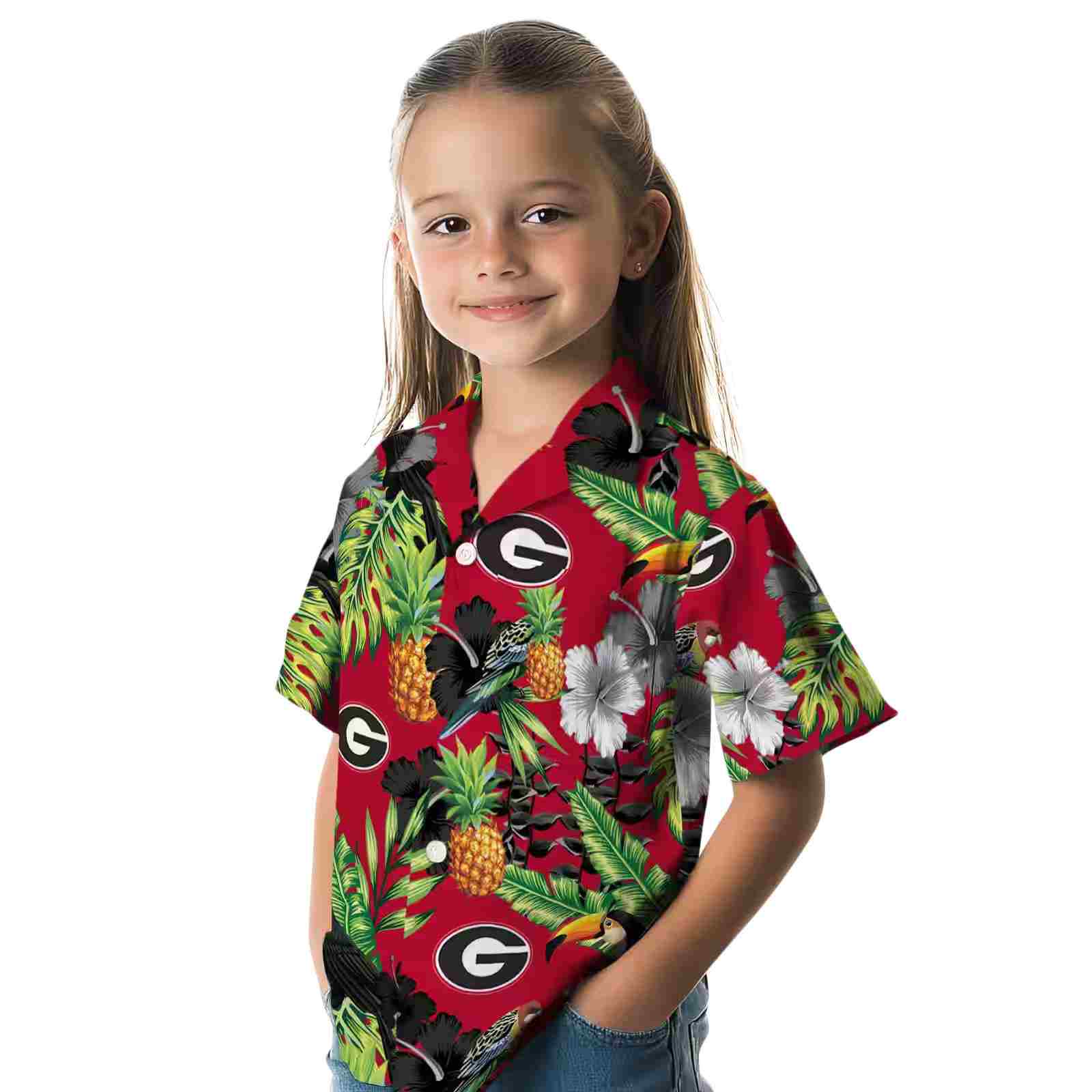 georgia bulldogs toucan hibiscus pineapple red green hawaiian shirt premium grade