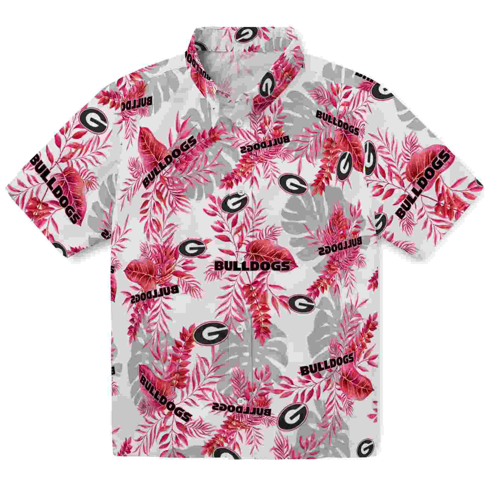 Georgia Bulldogs Tropical Leaves Red White Hawaiian Shirt