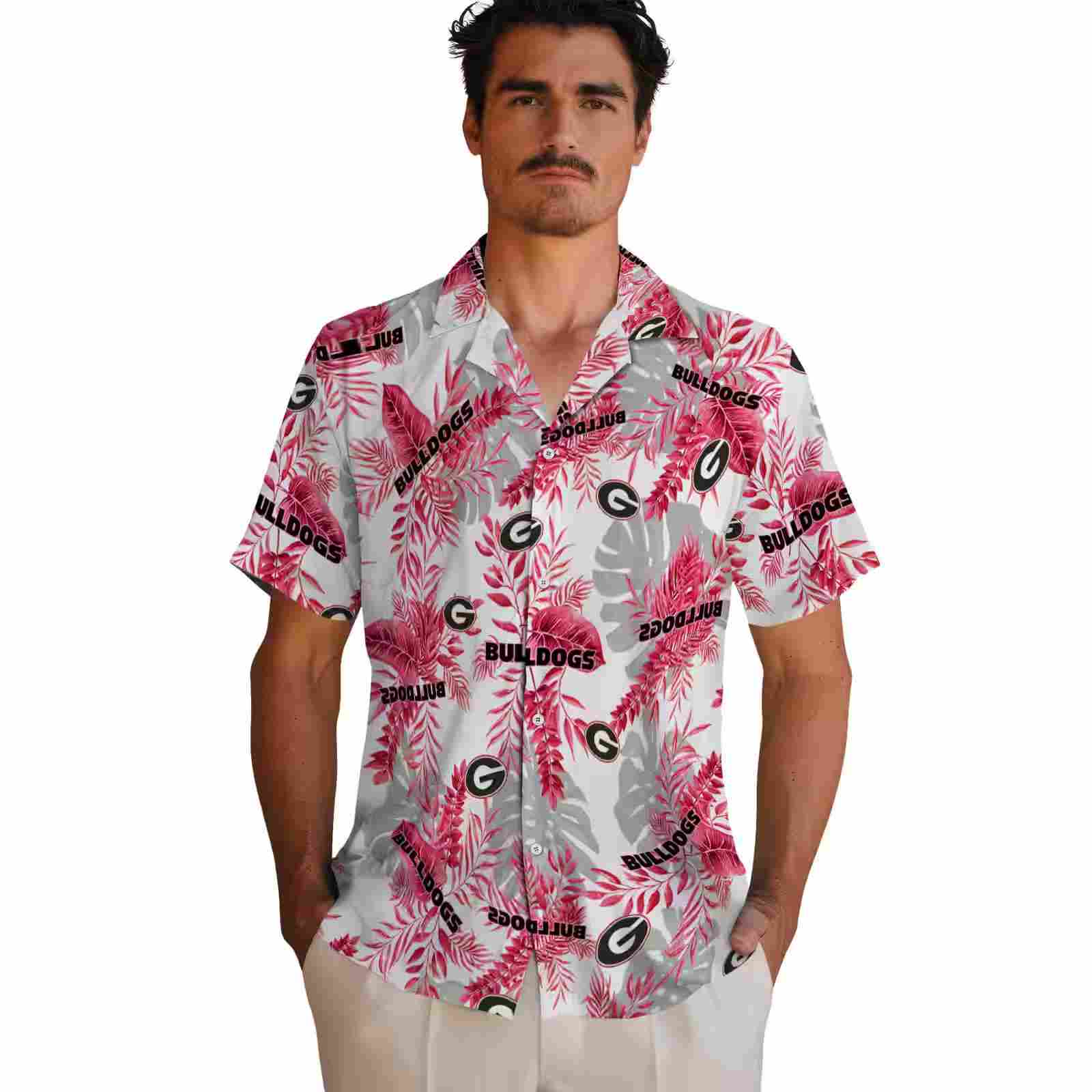 georgia bulldogs tropical leaves red white hawaiian shirt fashion forward