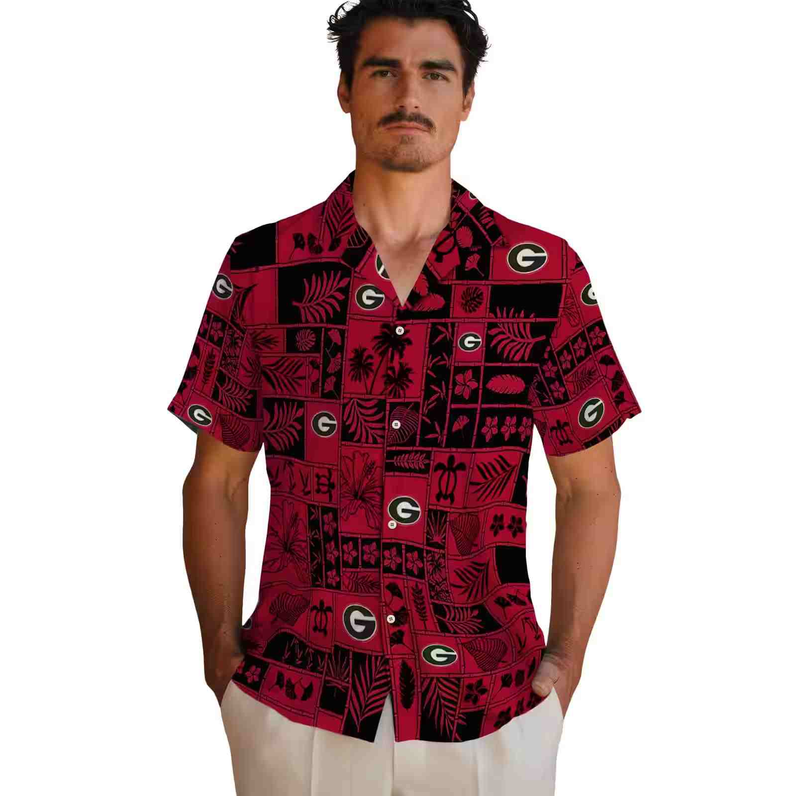 georgia bulldogs tropical patchwork red black hawaiian shirt fashion forward