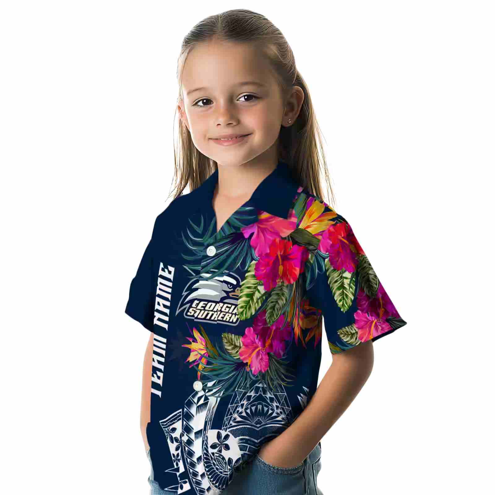 georgia southern eagles floral polynesian blue hawaiian shirt premium grade