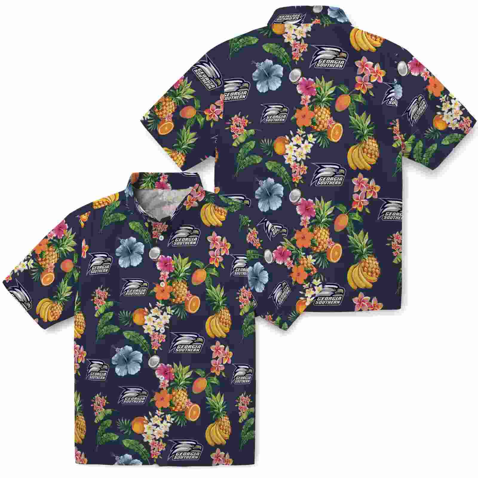 georgia southern eagles hibiscus and fruit navy blue hawaiian shirt high quality