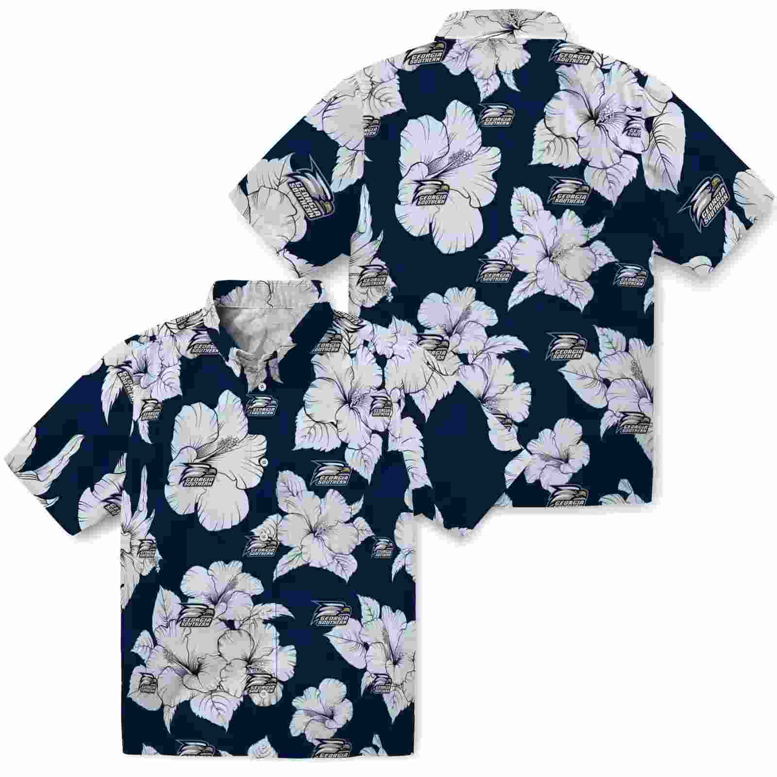 georgia southern eagles hibiscus blooms blue white hawaiian shirt high quality